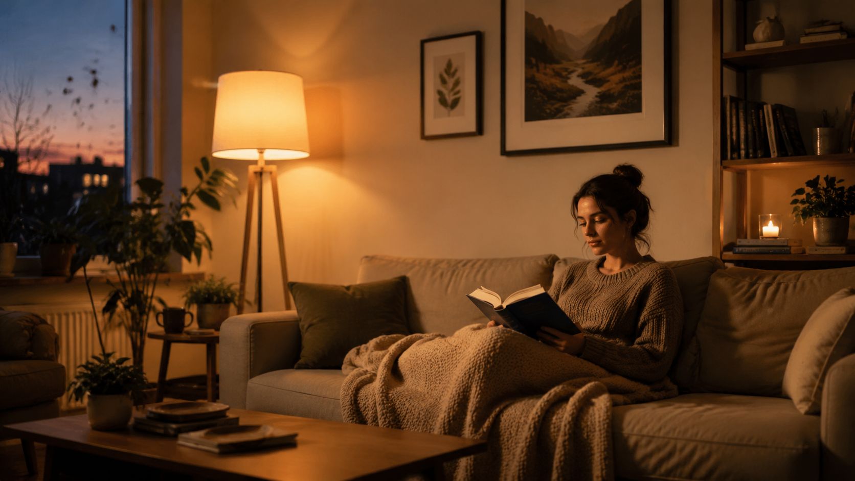 A young woman reading a book on a cozy sofa in a warm, dimly lit living room.