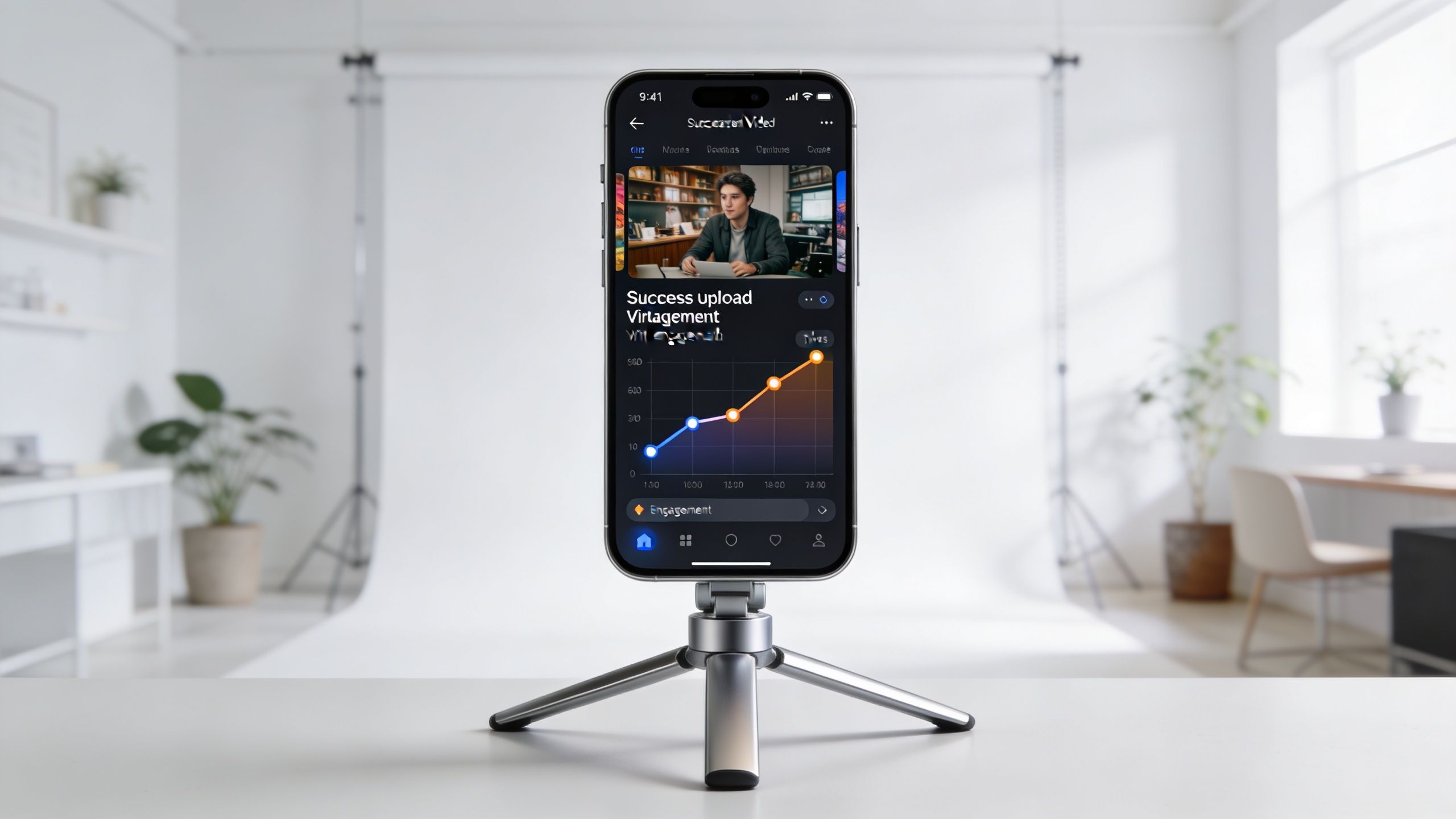 A smartphone on a small tripod showing a video analytics dashboard app against a studio background.