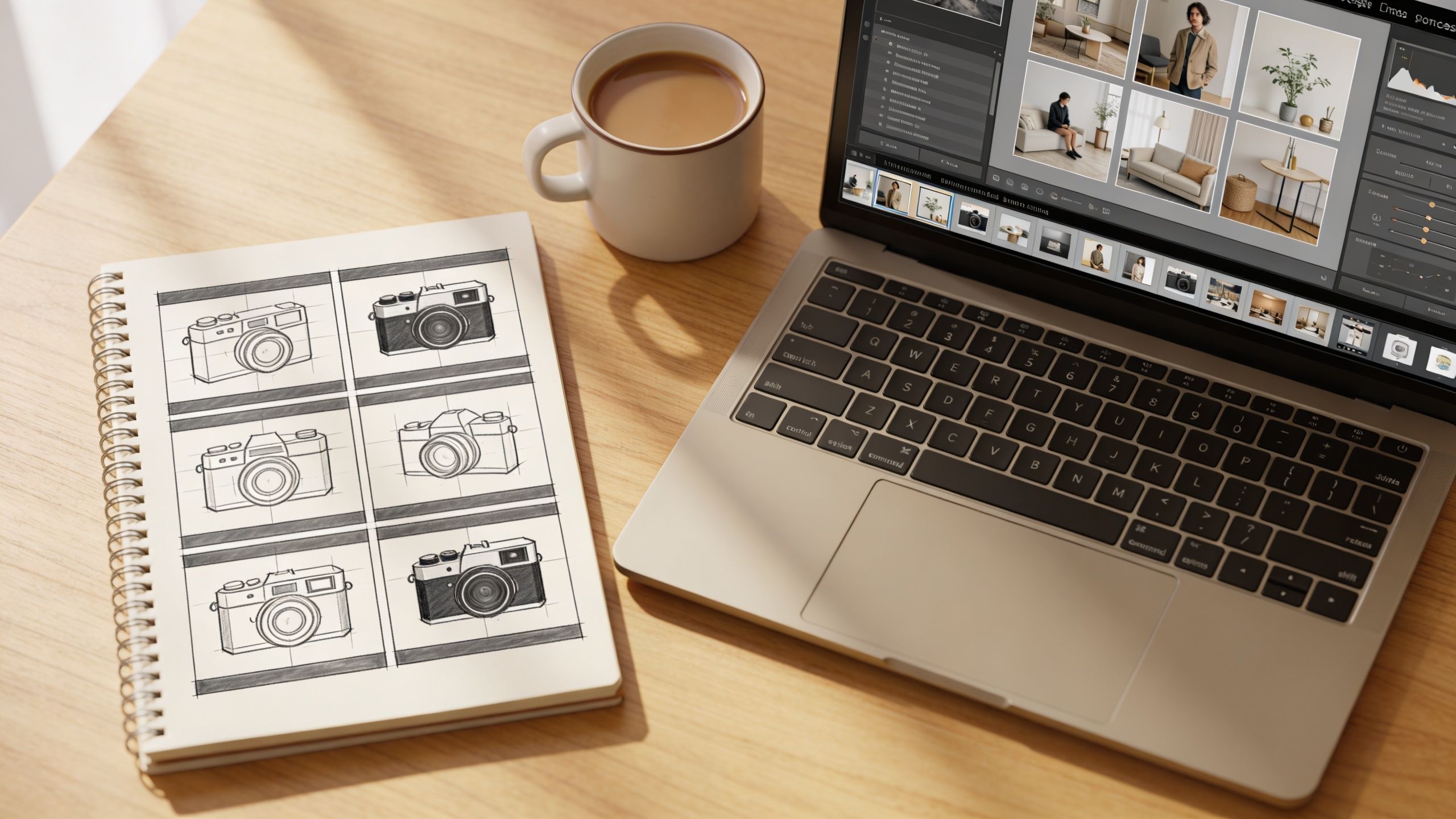 Top view of a desk featuring a spiral sketchbook with camera sketches, coffee, and a laptop.