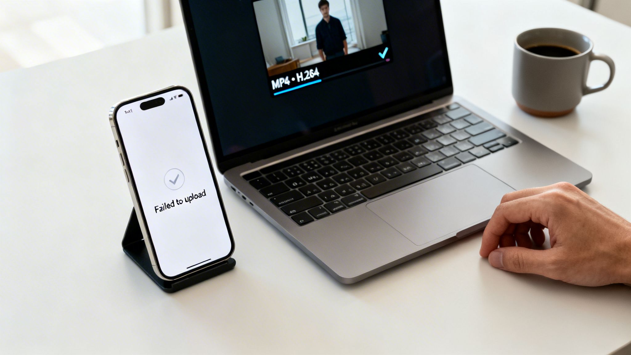 A person's hand near a laptop showing a successful video file process, while an iPhone displays 'Failed to upload'.