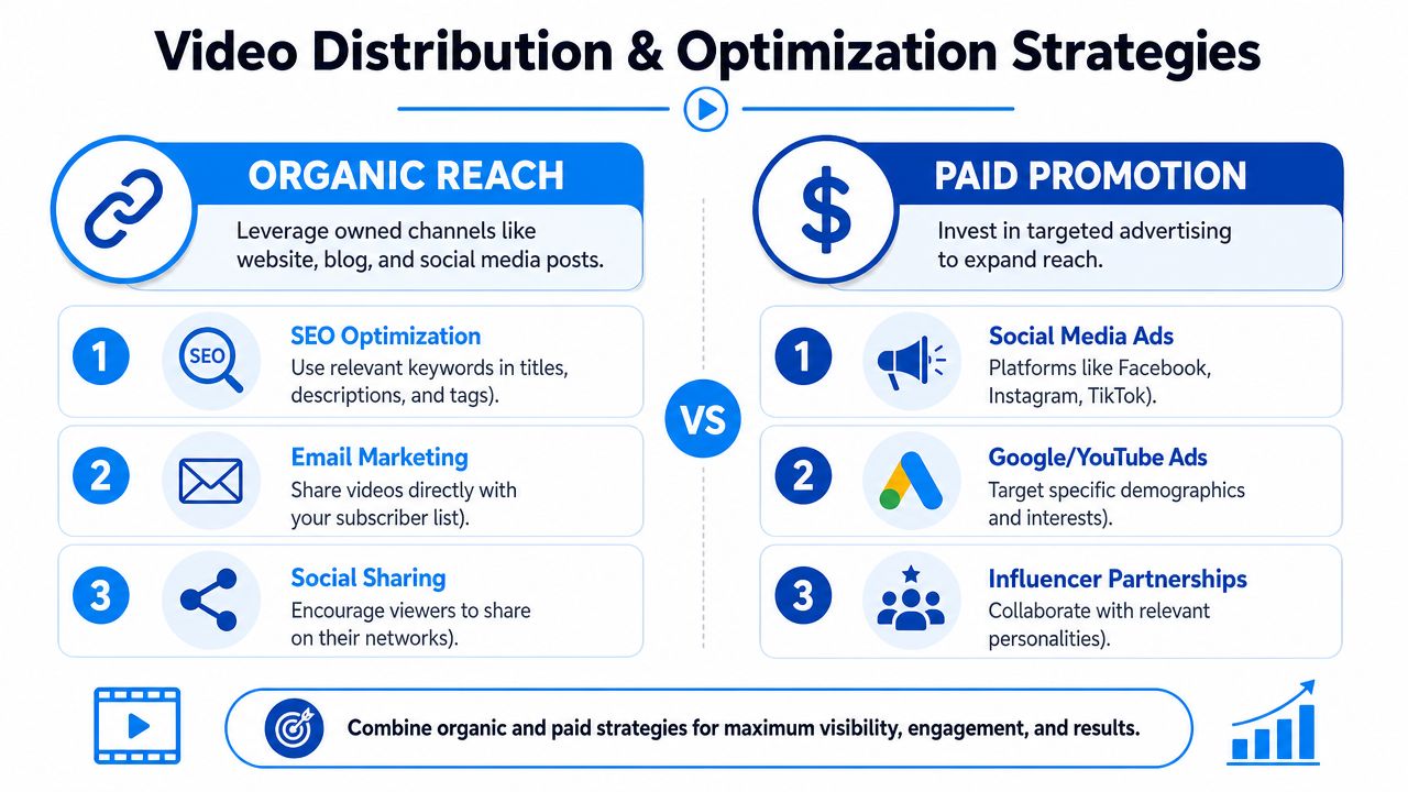 An infographic comparing organic reach and paid promotion strategies for effective video distribution and optimization.