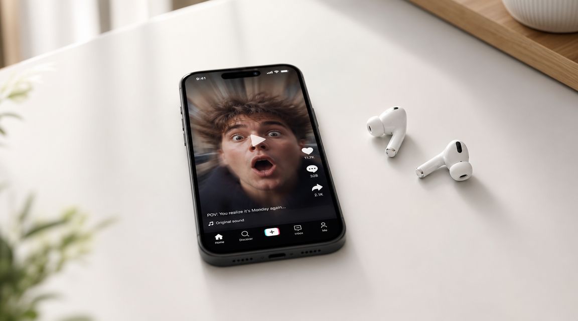 A modern smartphone displaying a trending video reel on a clean white desk next to wireless earbuds.