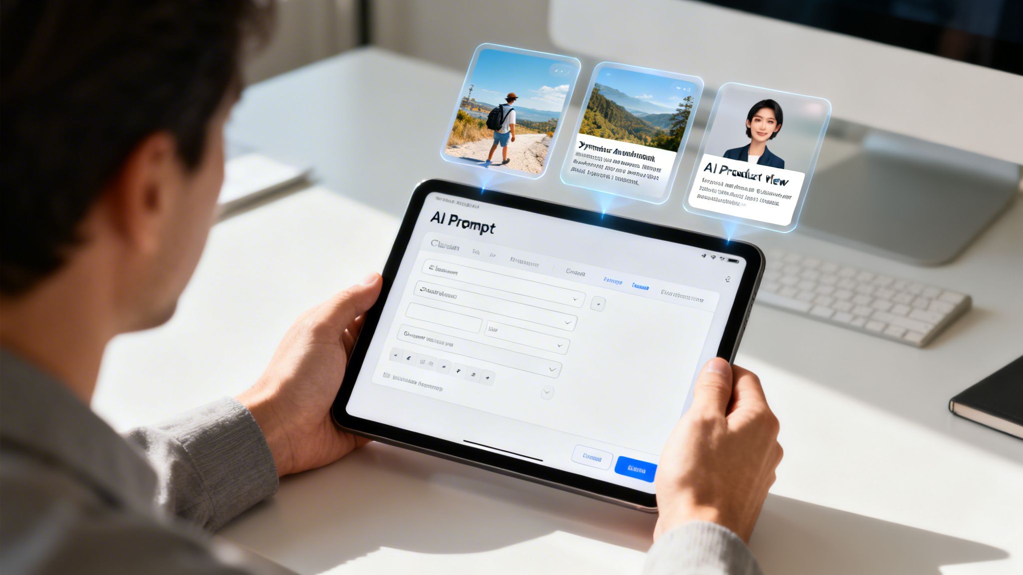 Person interacting with a tablet displaying an AI prompt interface and floating holographic digital content.