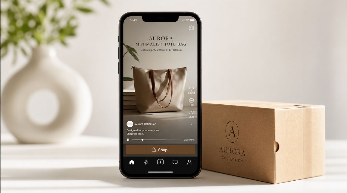 A smartphone displaying an Aurora Collection shopping app next to a branded shipping box on a table.