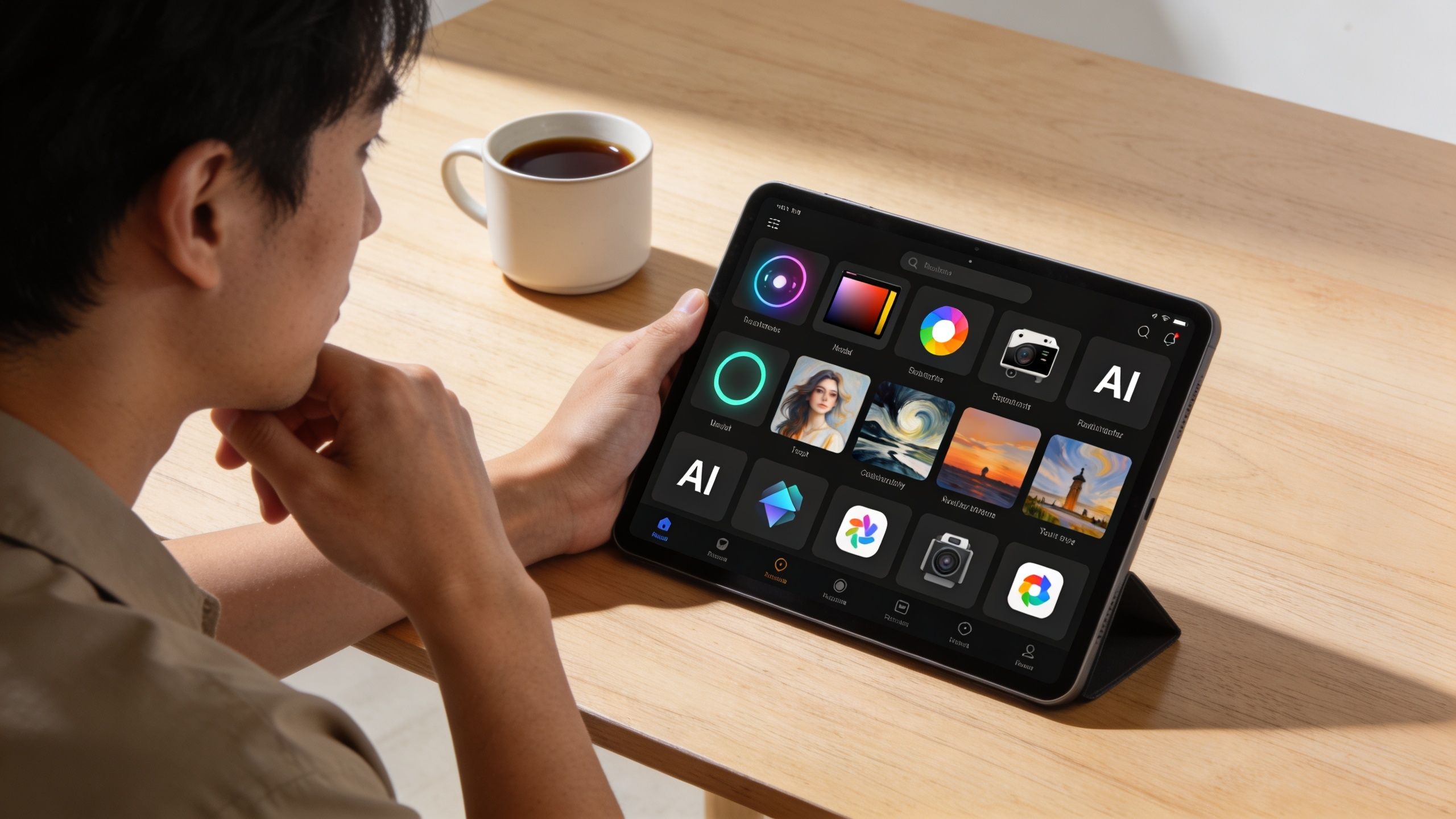 A person viewing a digital tablet screen displaying various application icons and art imagery on a desk.