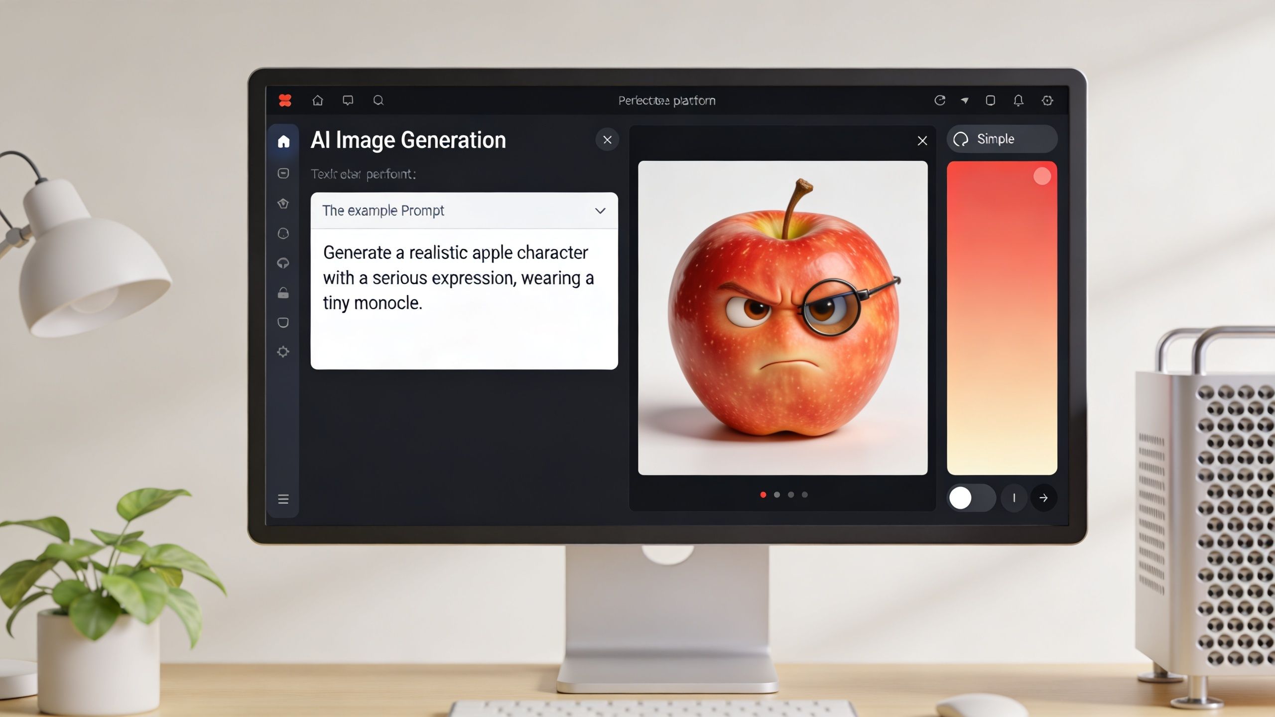 Computer screen displaying an AI image generation interface with a character design of an angry apple.