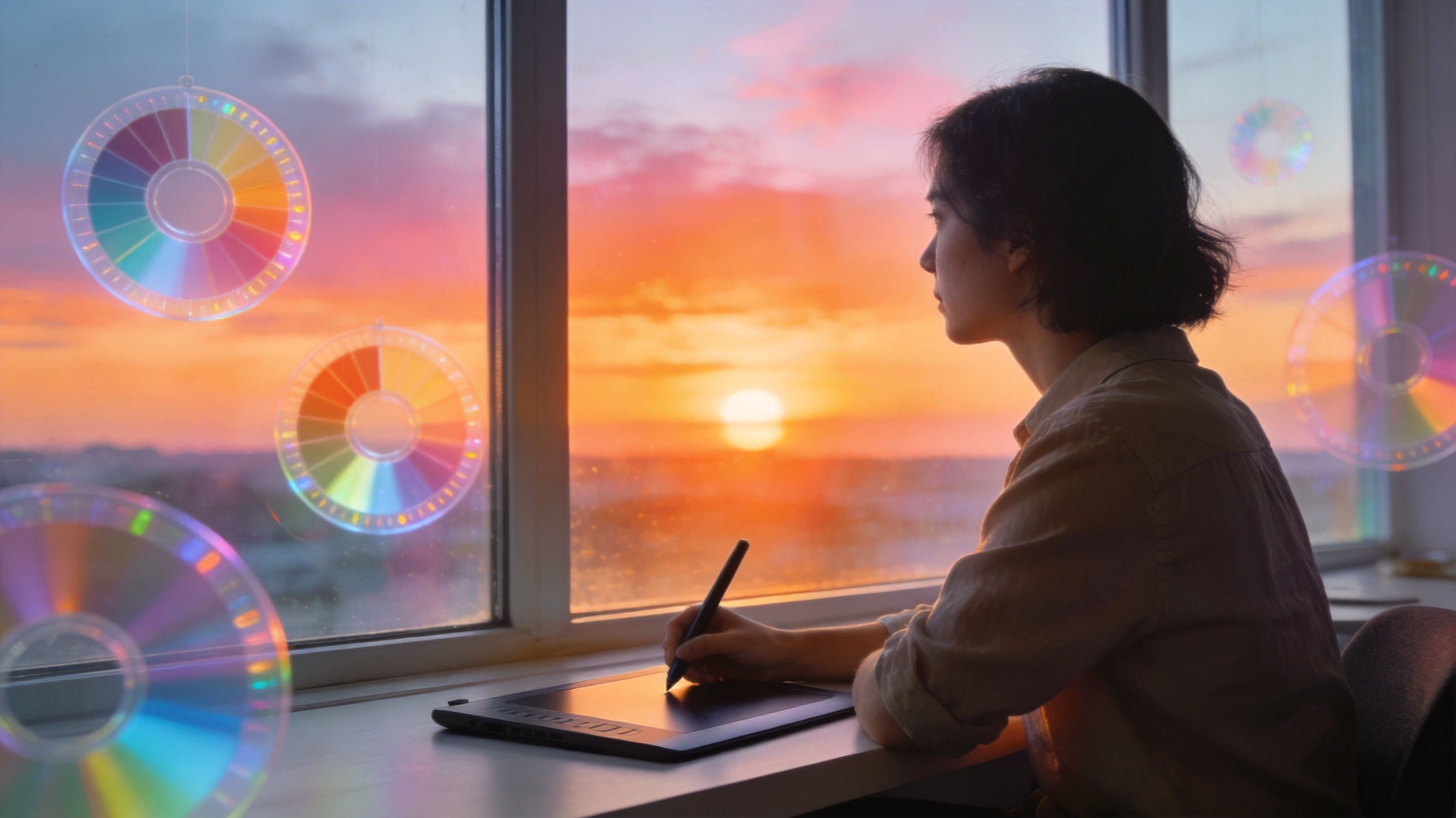 A person drawing on a graphics tablet while watching a colorful sunset by a window with color wheels.