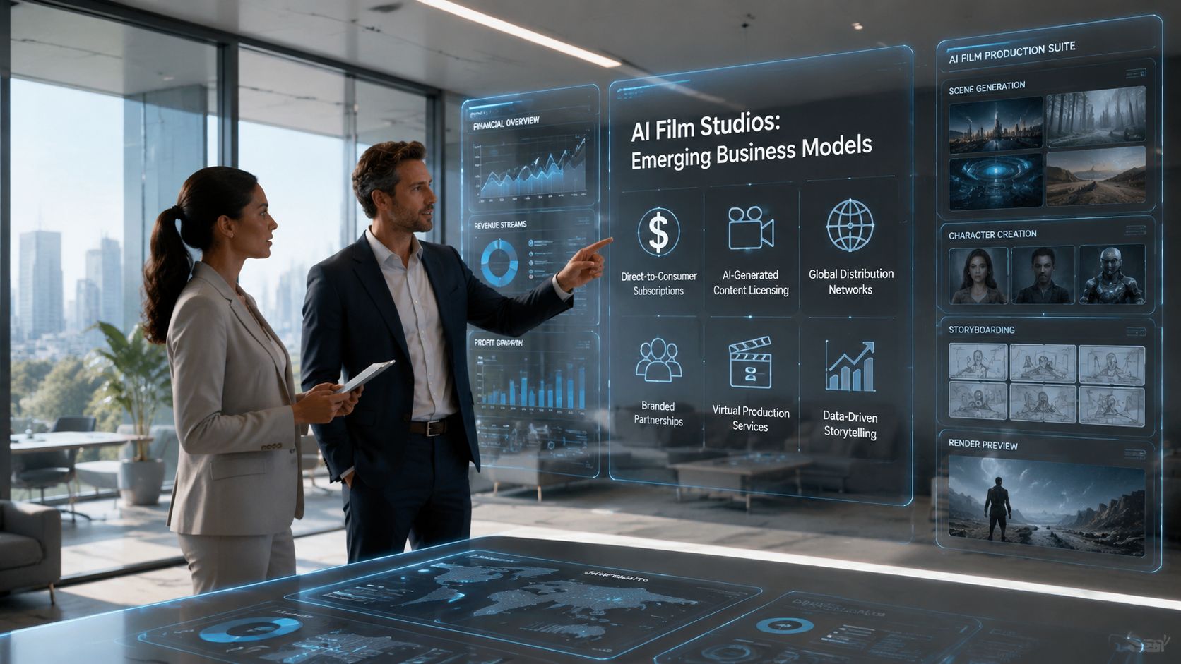 A professional man and woman discussing AI film studio business models on a holographic digital interface.
