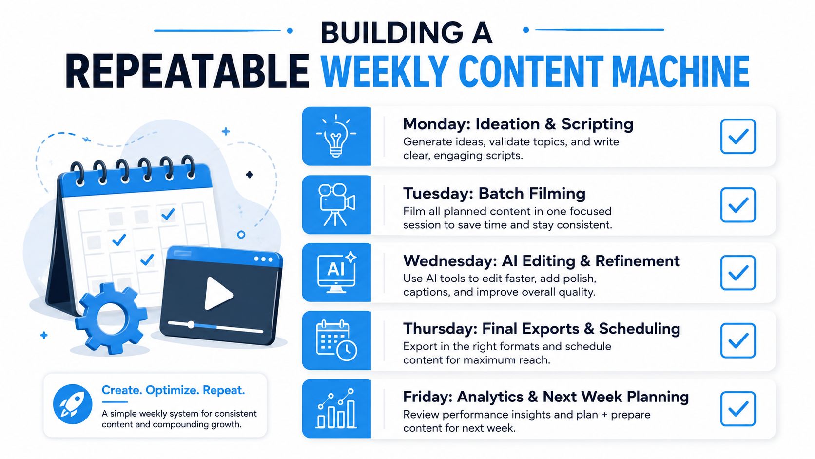A weekly content creation schedule infographic showing five daily tasks from Monday to Friday for content planning.