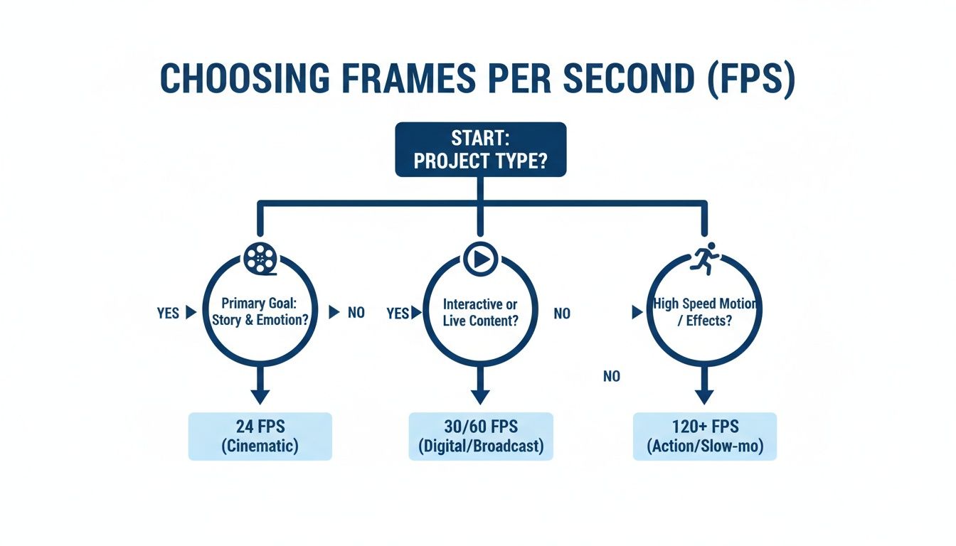 A flowchart guiding the selection of video frames per second (FPS) based on project type and creative goals.