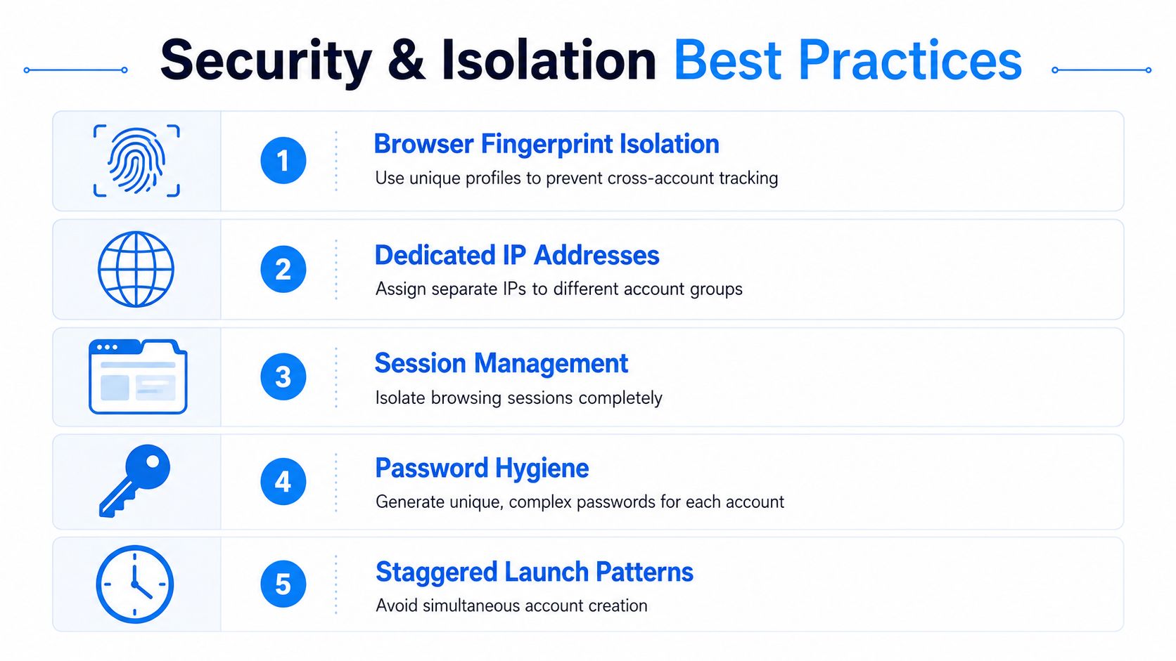 An infographic illustrating five security and isolation best practices for managing multiple online accounts effectively.