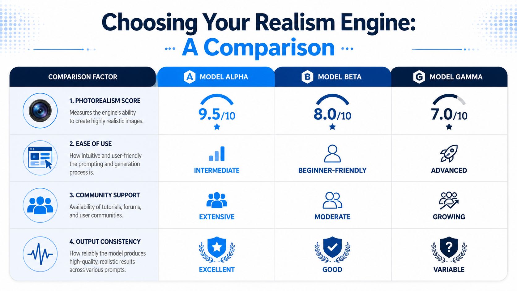 A comparison chart showing scores and rankings for three different AI realism engines: Model Alpha, Beta, and Gamma.