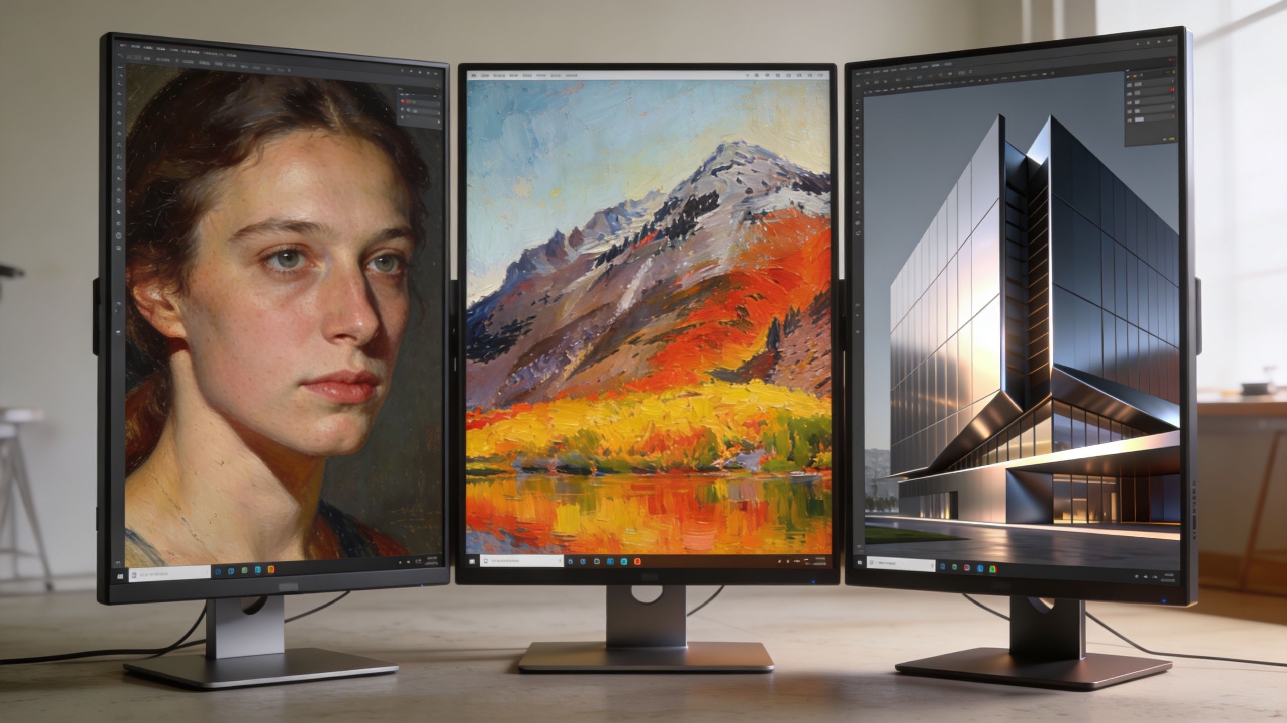 Three vertical computer monitors displaying digital artwork, portraiture, and modern architectural design on a clean desk surface.