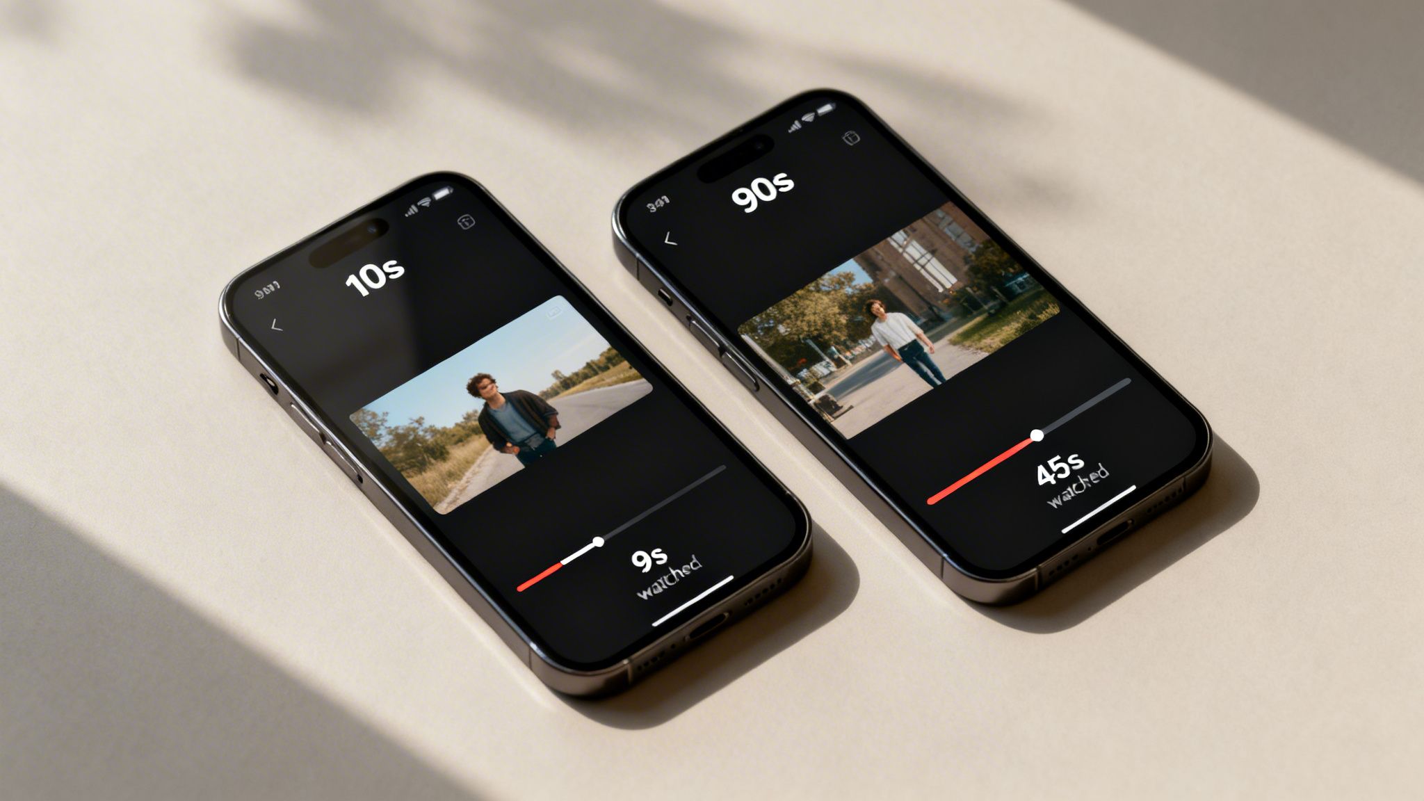 Two iPhones display video playback, illustrating different watch times for 10s and 90s content.