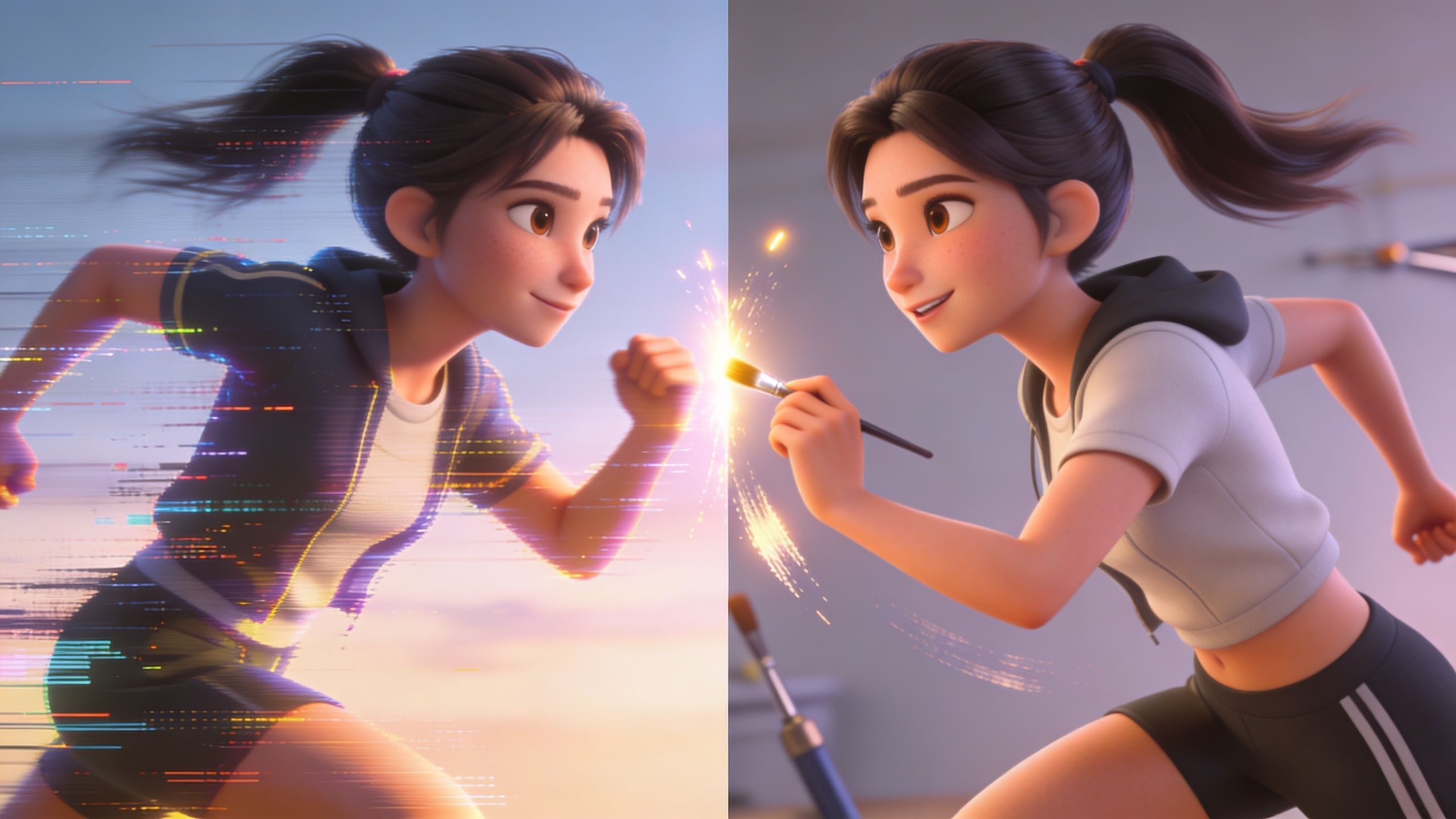 A 3D animated character transitioning from a digital running state to a creative painting state.
