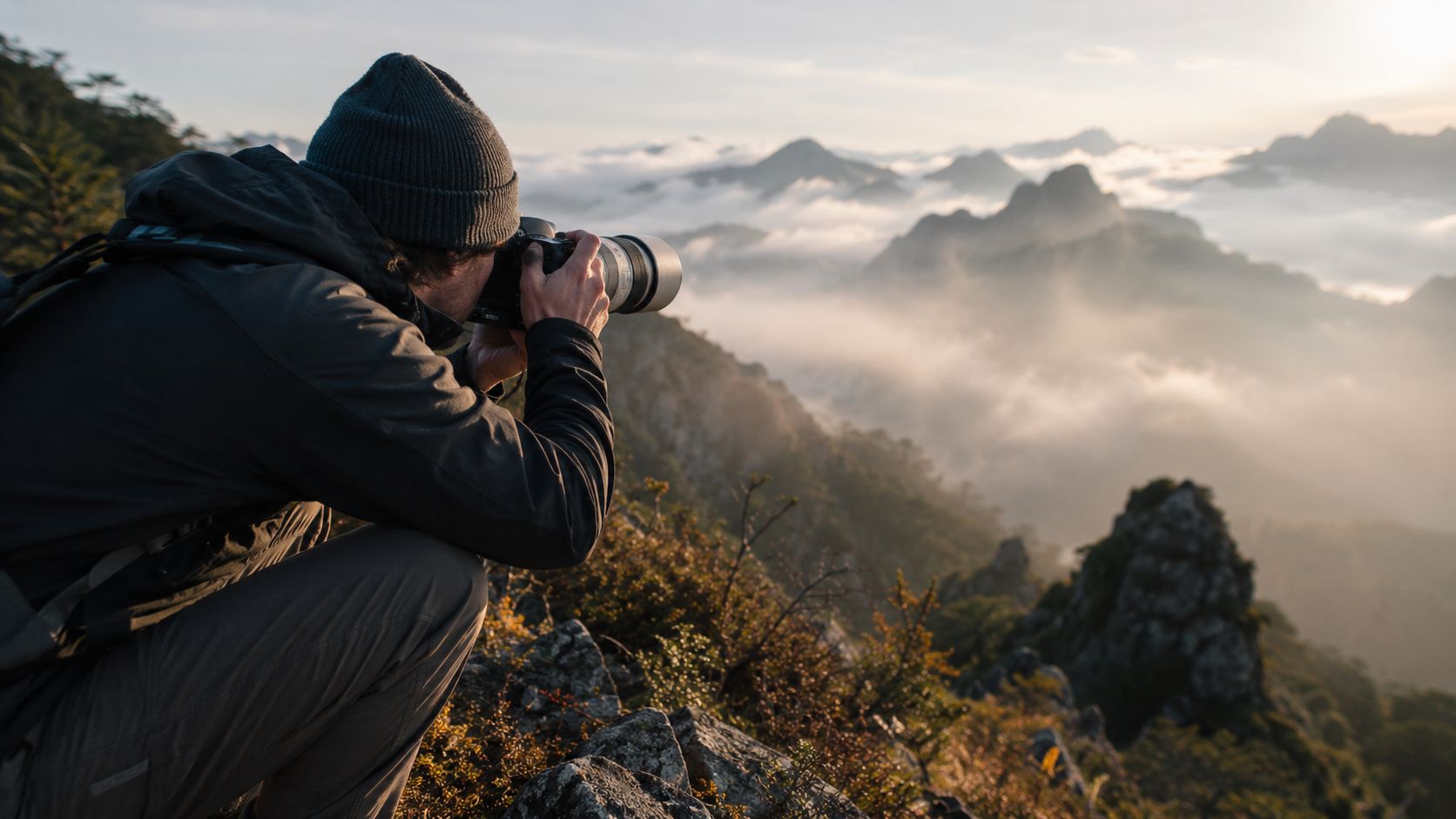 A photographer wearing a beanie crouches on a rocky mountain ridge capturing a foggy sunrise vista.