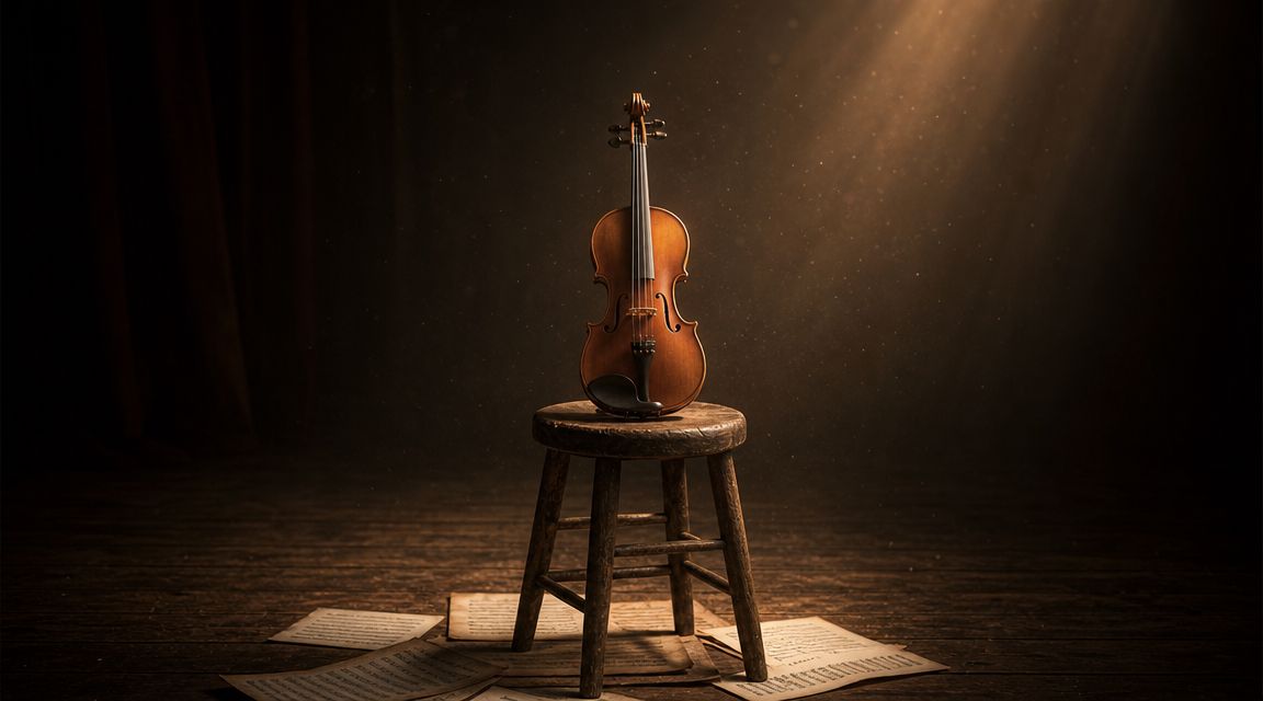 A wooden violin sits on a rustic stool surrounded by sheet music on a dark stage.