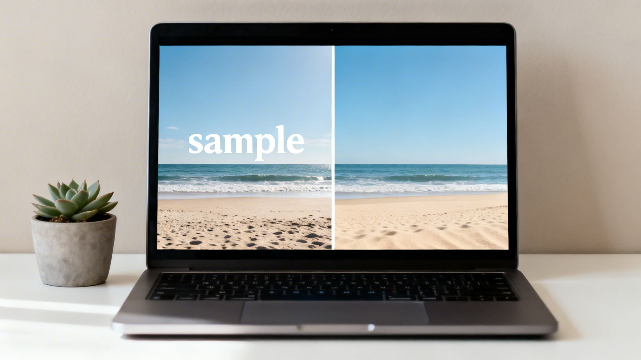 A laptop on a white desk displays a beach scene, with 'sample' text on one side, next to a green succulent plant.