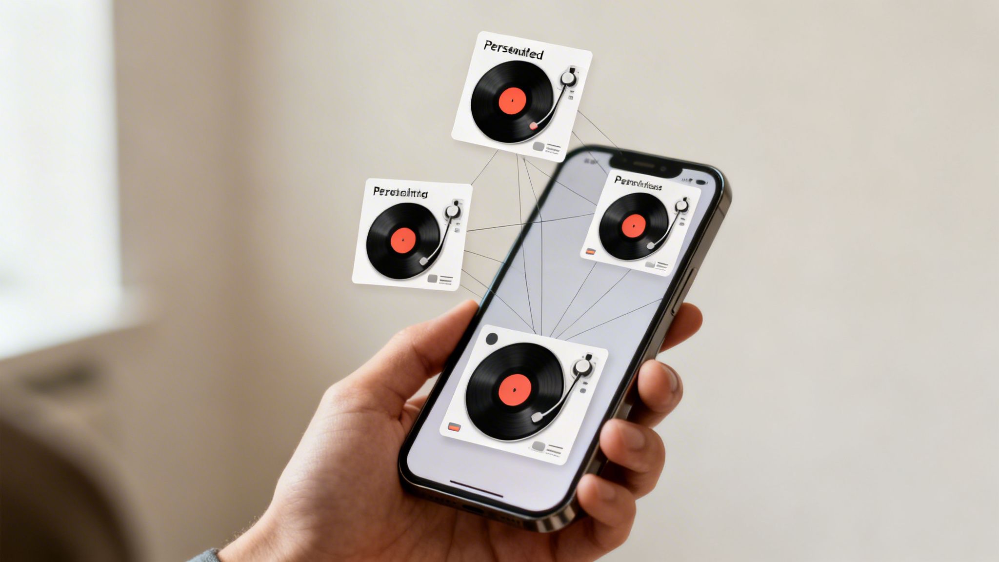 A hand holds a smartphone displaying multiple interconnected personalized record player icons.
