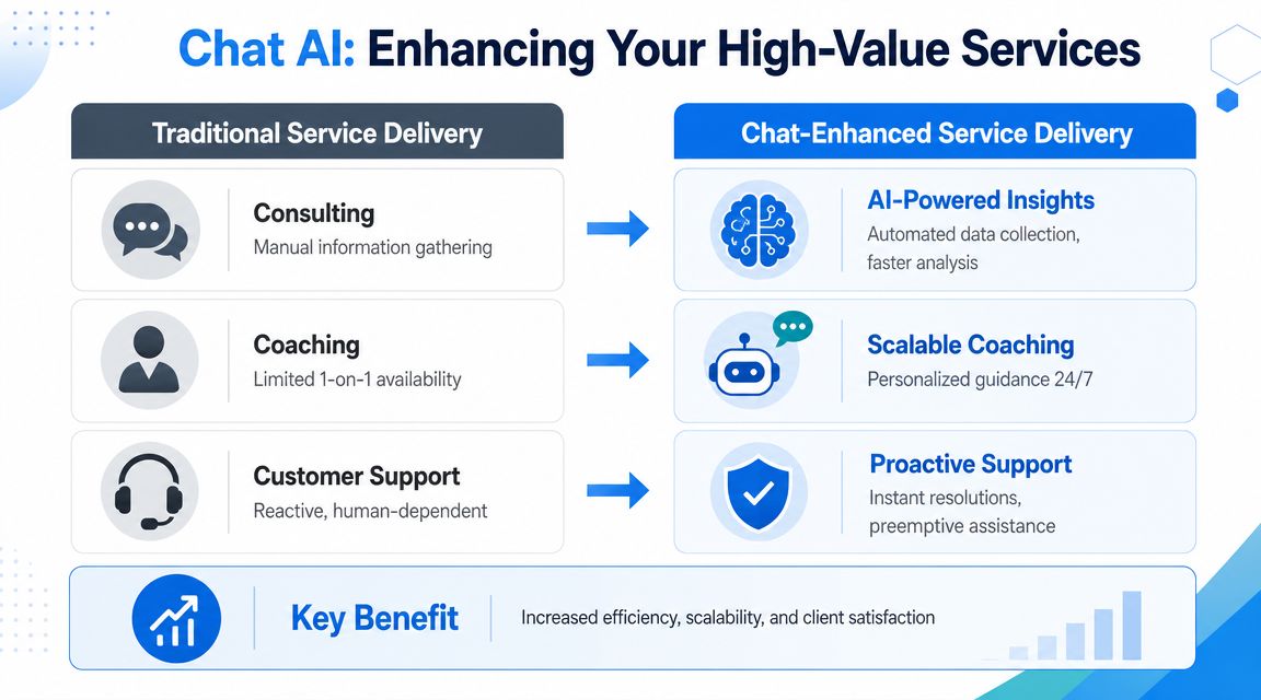A comparison chart illustrating how AI-powered chat enhances traditional consulting, coaching, and customer support services for businesses.