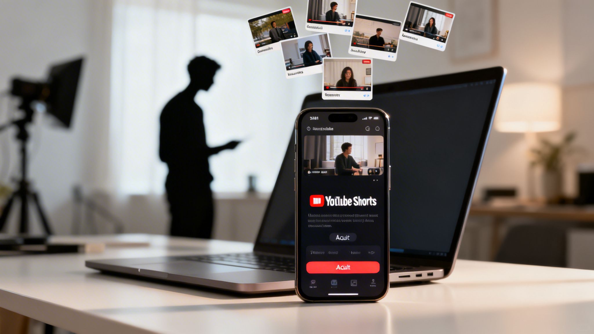 A smartphone showcases YouTube Shorts, surrounded by floating video thumbnails and a laptop, hinting at video content creation.