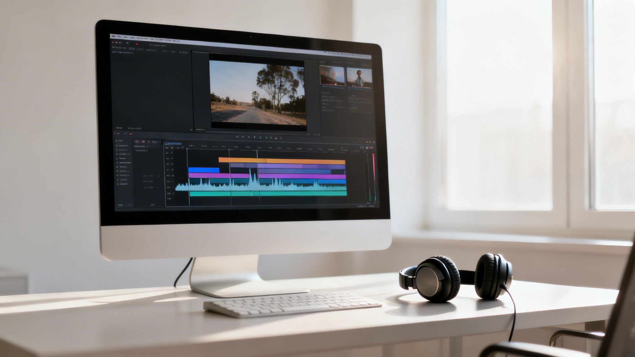 A computer monitor displaying video editing software with a timeline, keyboard, and headphones.