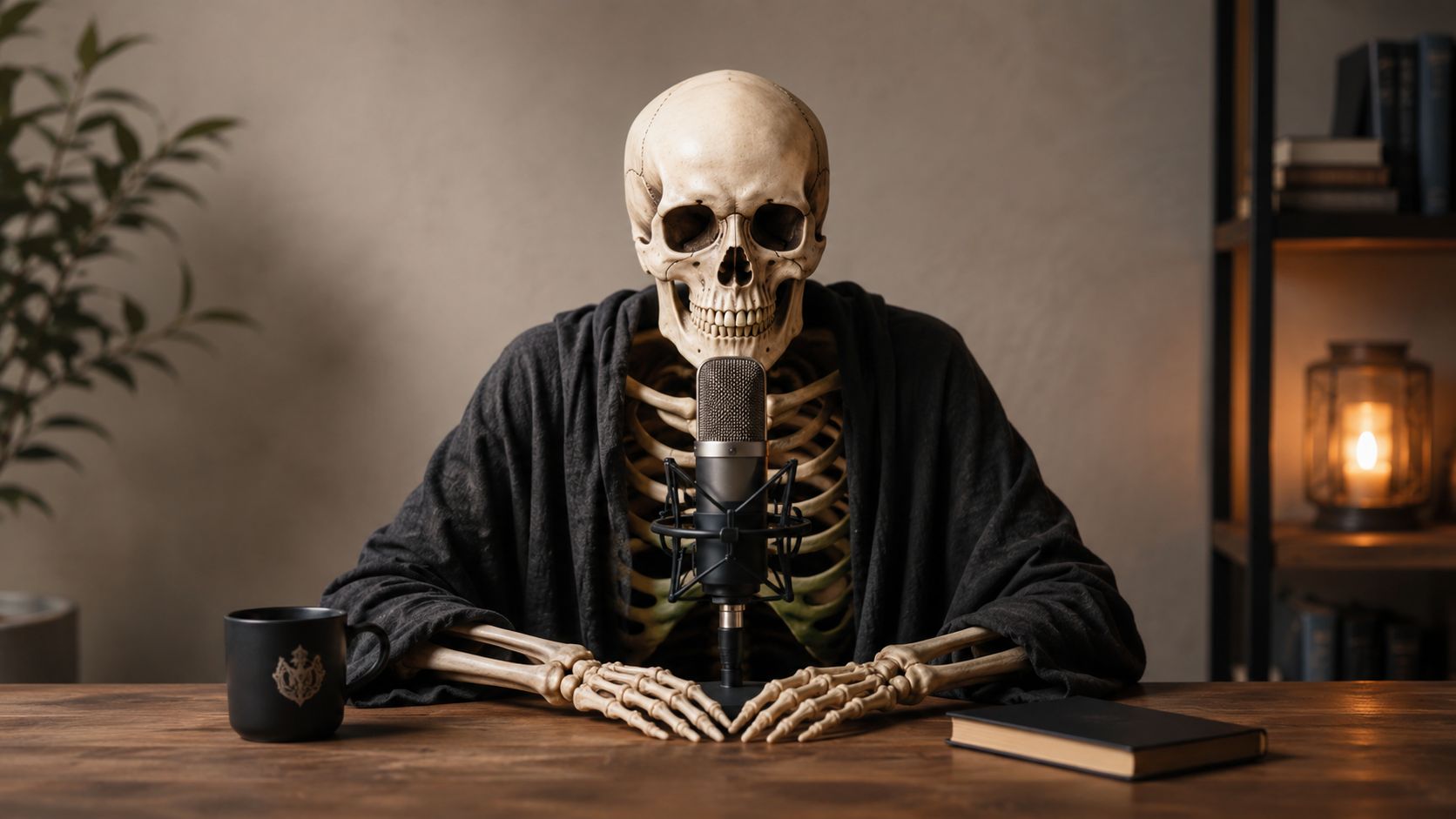 A skeleton wearing a dark cloak sits at a wooden table recording a podcast with a microphone.