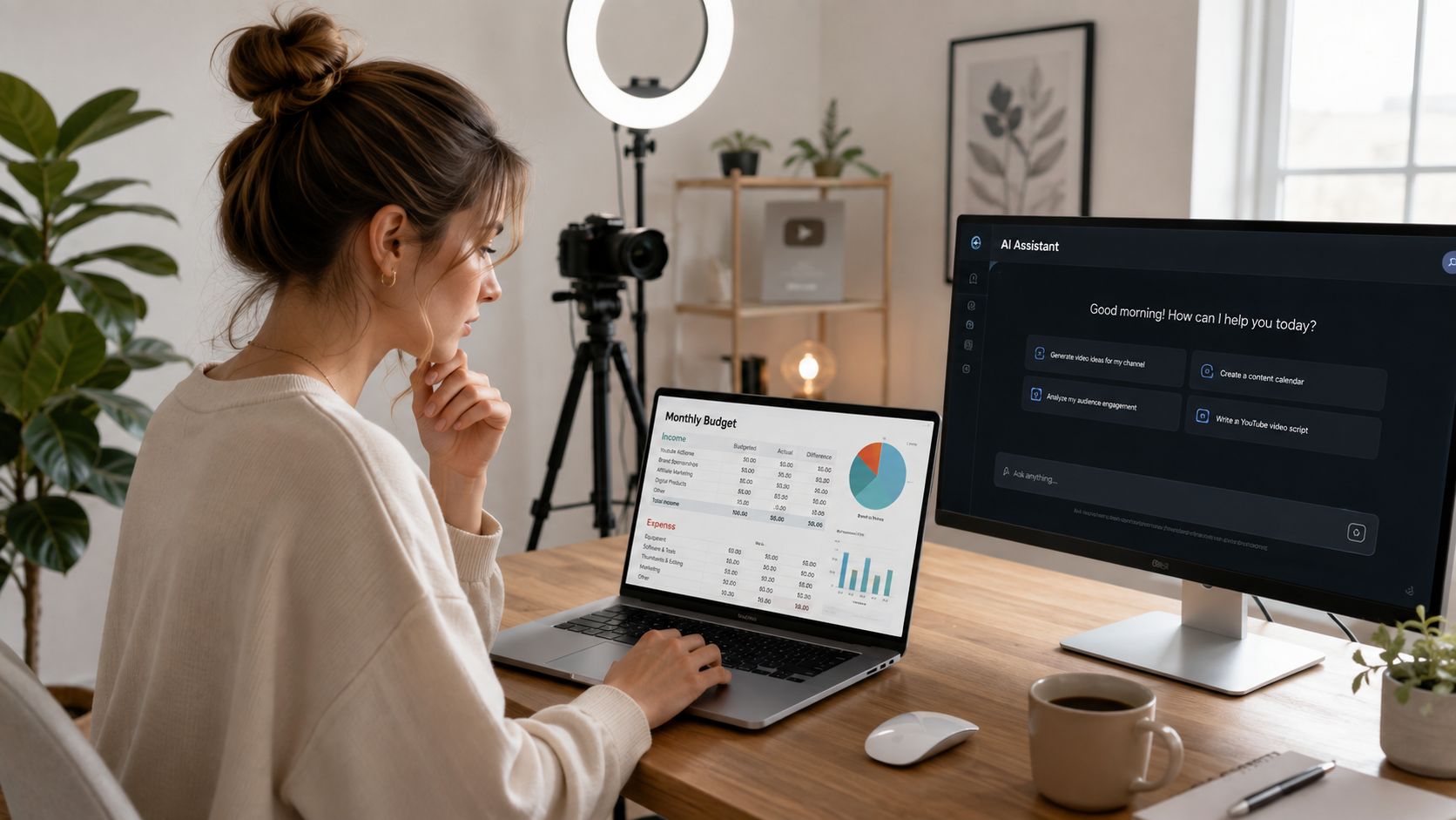 A woman working on a laptop with a budget spreadsheet while viewing an AI assistant on monitor.