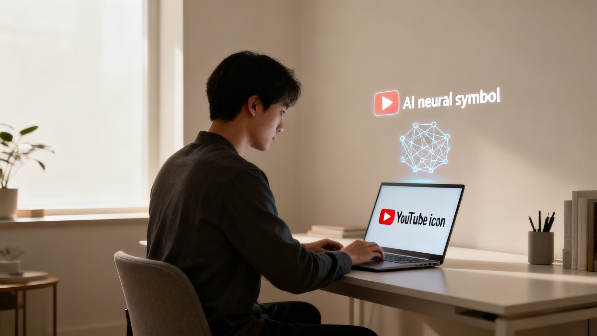 A man uses a laptop with a YouTube icon, displaying AI neural network and symbol holograms.