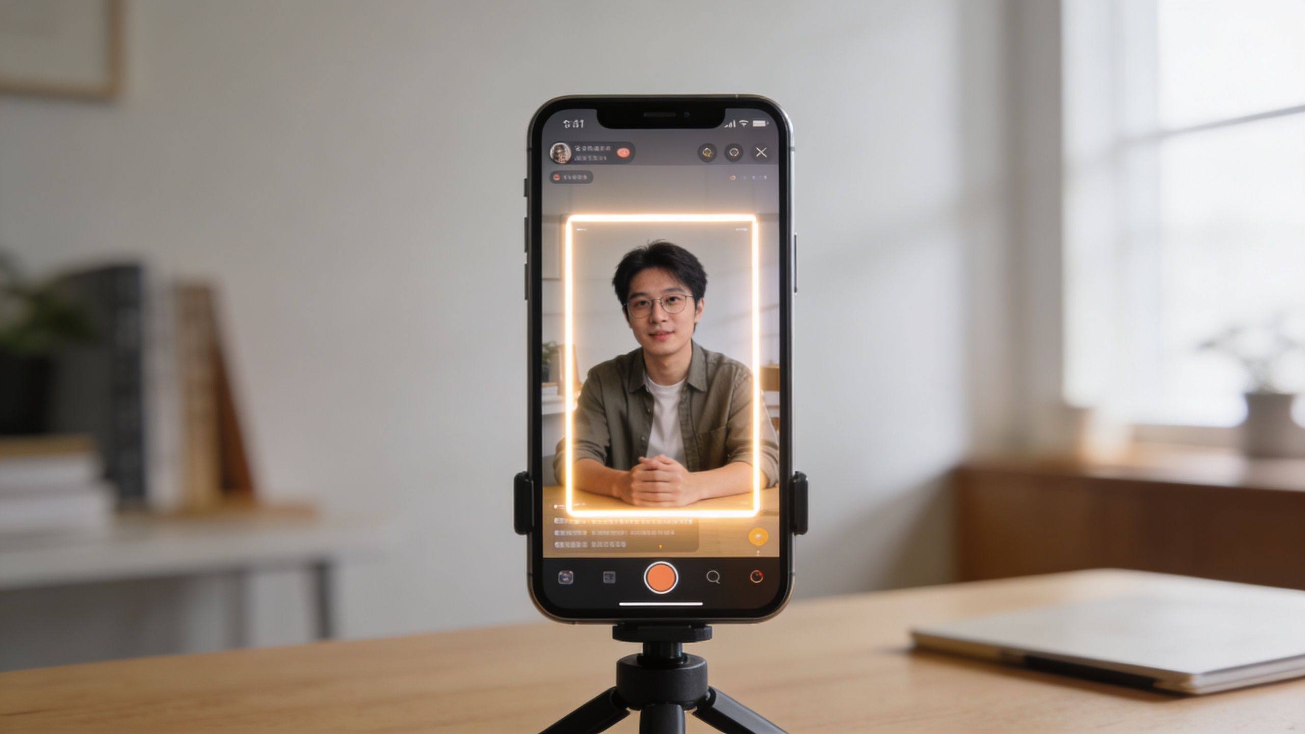 A smartphone on a tripod displaying a man in a live video stream frame during a presentation.