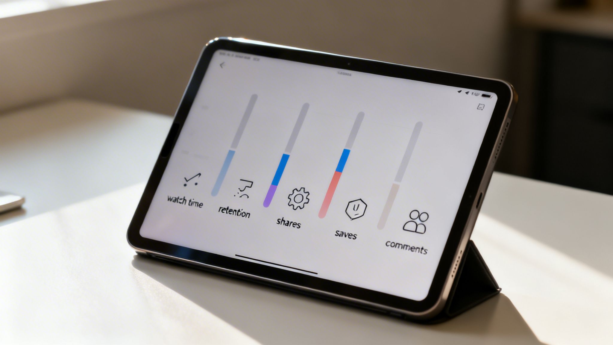 A tablet displaying a social media analytics dashboard with progress bars for watch time, retention, shares, saves, and comments.