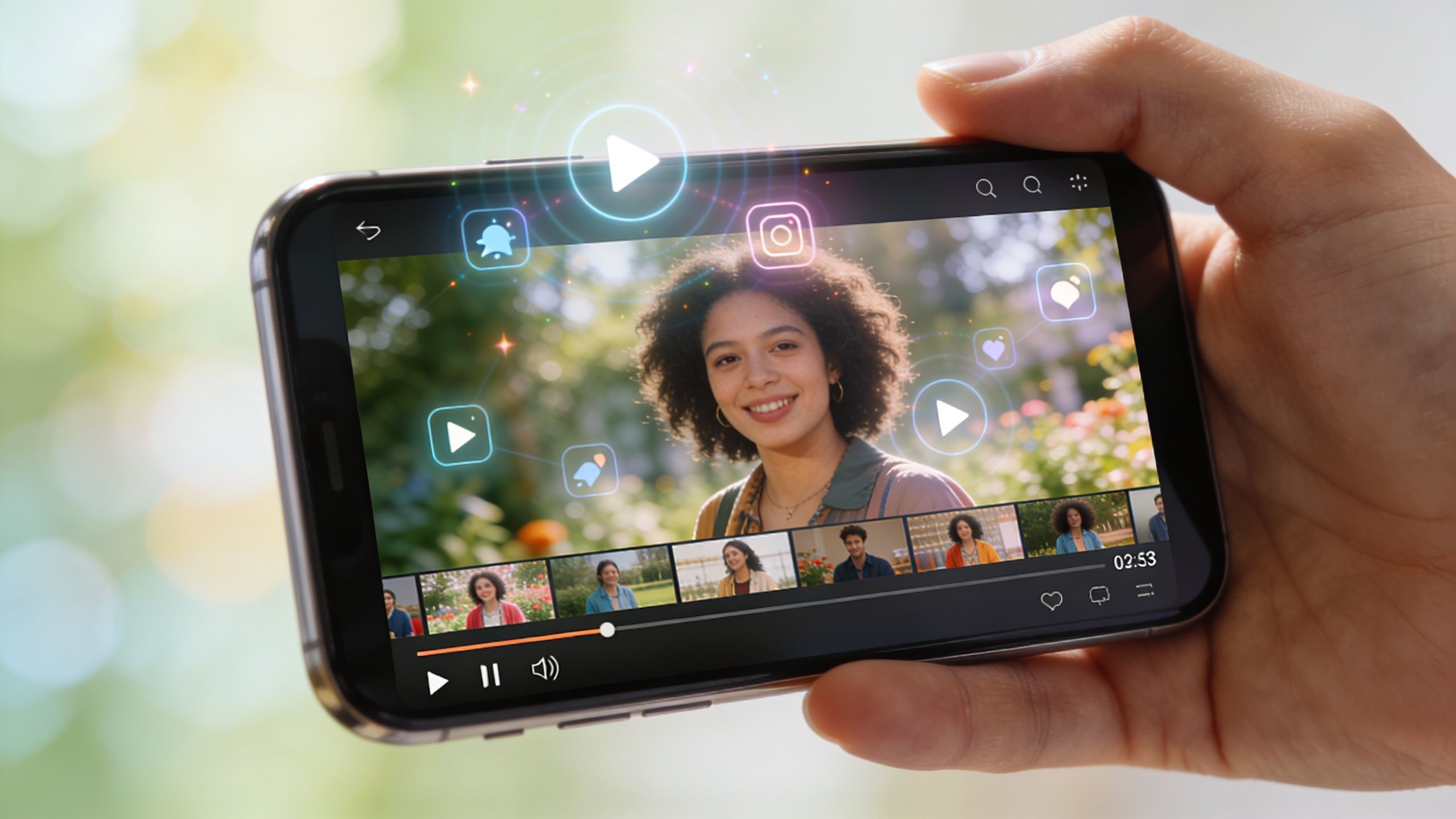 A close-up shot of a hand holding a smartphone displaying a video editing app interface.