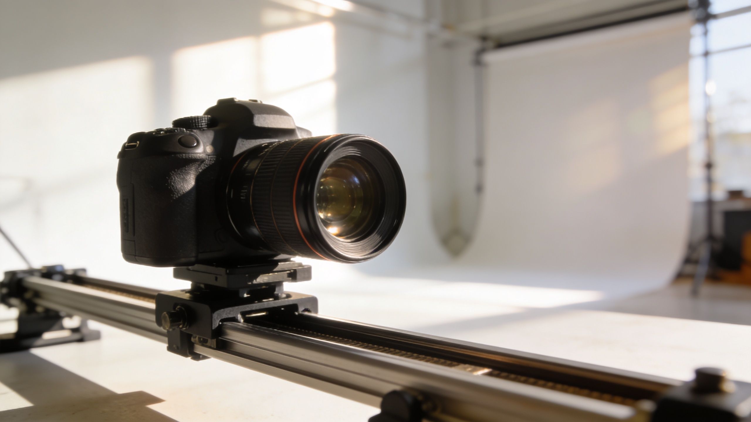 A professional DSLR camera mounted on a metal slider rail inside a bright photography studio.