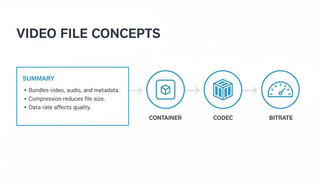 Diagram explaining video file concepts including summary, container, codec, and bitrate.