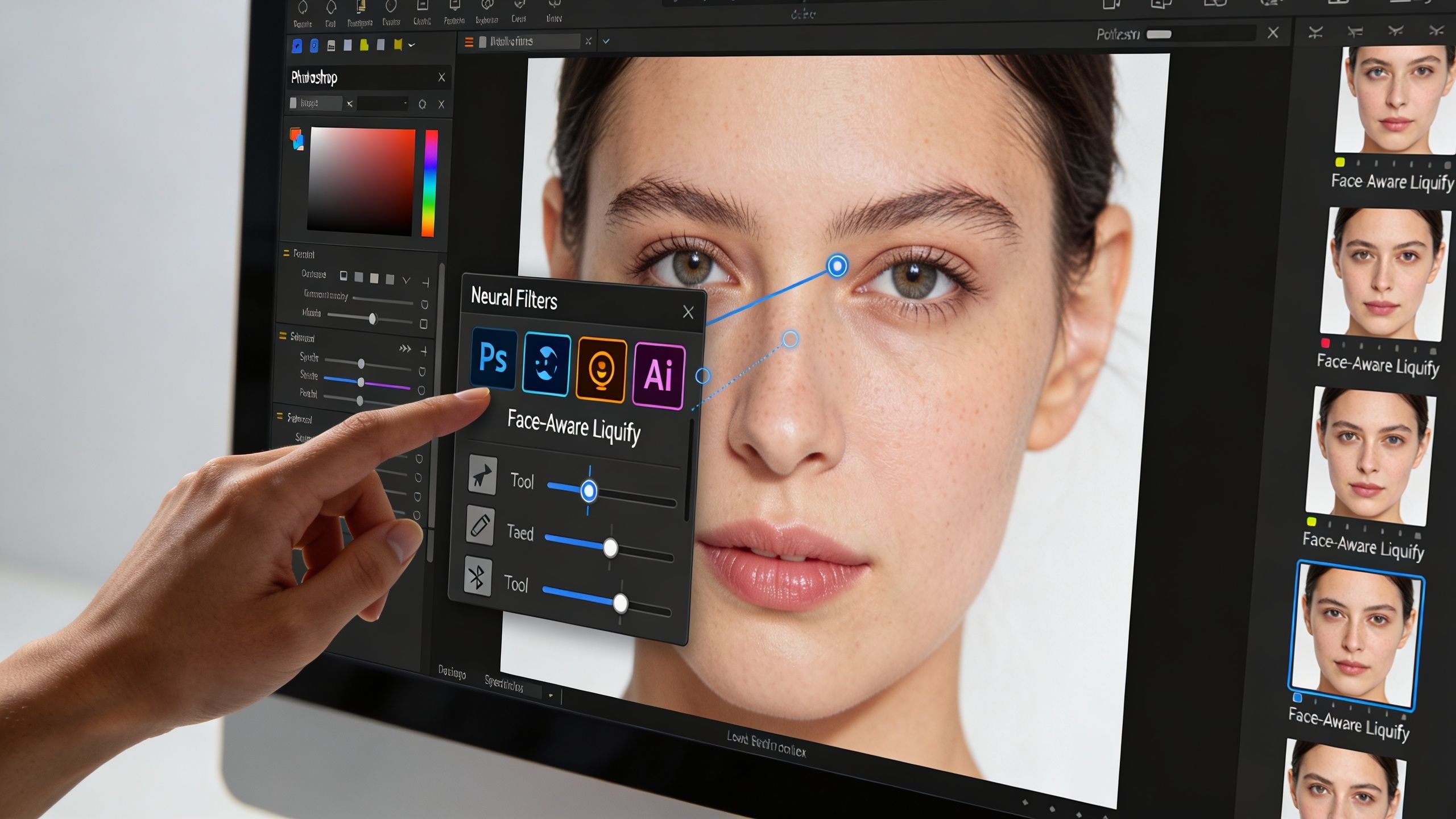 A hand touching a computer screen displaying Photoshop software with face-aware liquify settings for portrait editing.