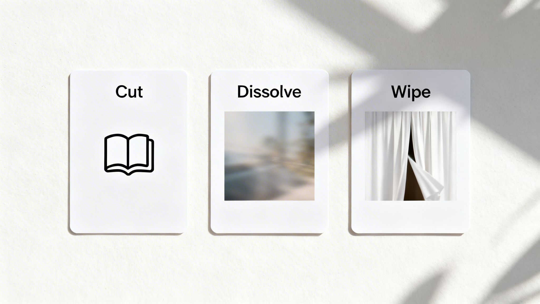 Three white cards illustrate video editing transitions: 'Cut' with an open book, 'Dissolve' with a blurred image, and 'Wipe' with opening curtains.
