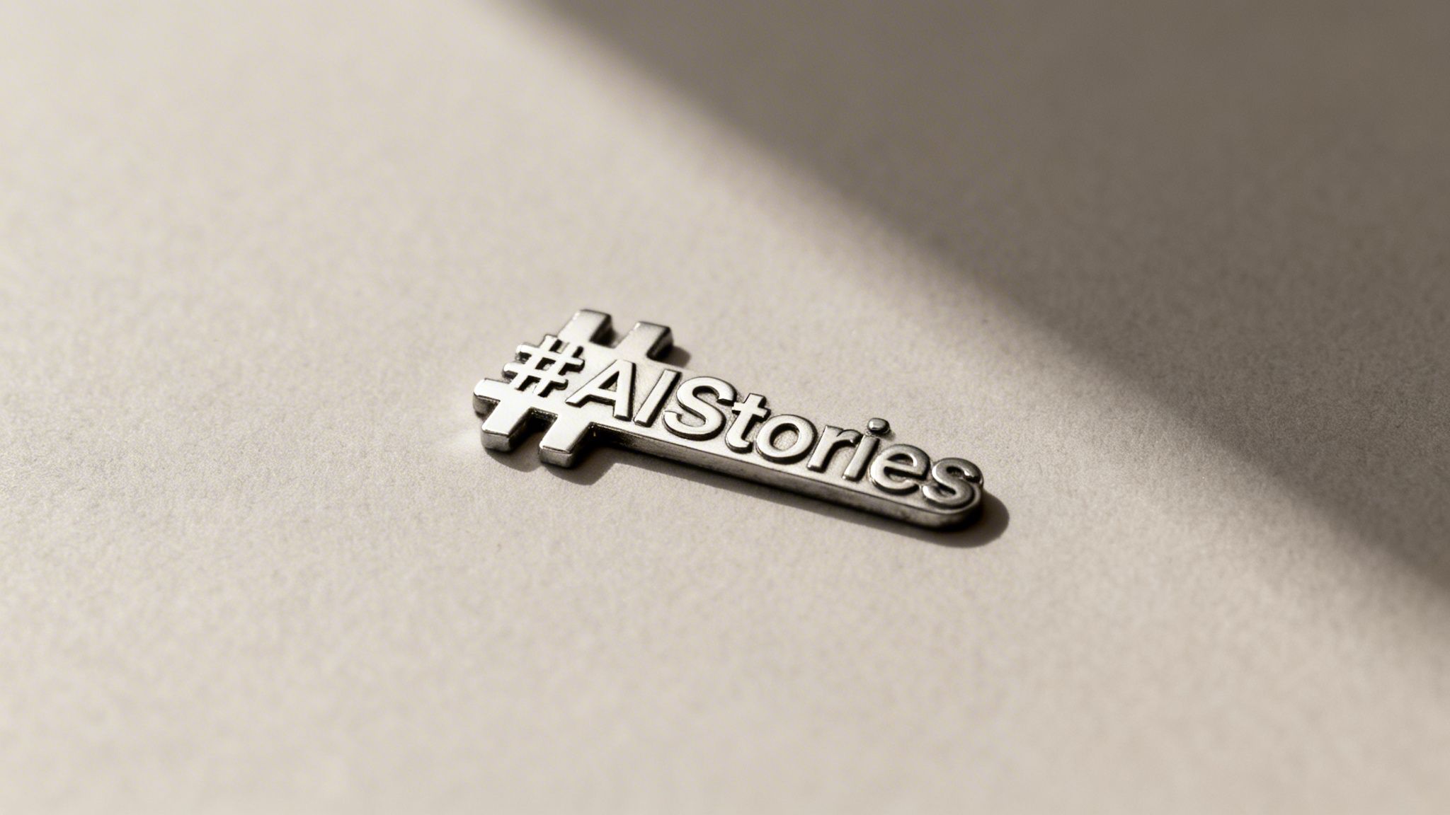 A shiny silver metallic pin displaying the hashtag #AIStories, resting on a light-colored surface.