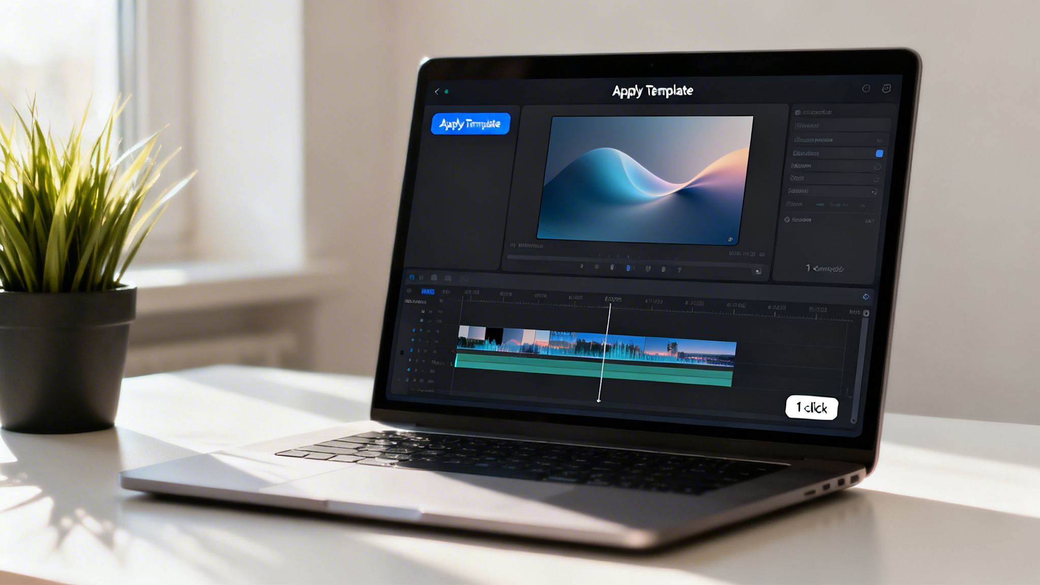 A laptop displays video editing software showing an 'Apply Template' interface, video clips, and a timeline.