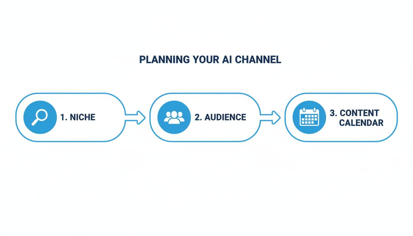 Flowchart showing three steps for planning an AI channel: Niche, Audience, and Content Calendar.