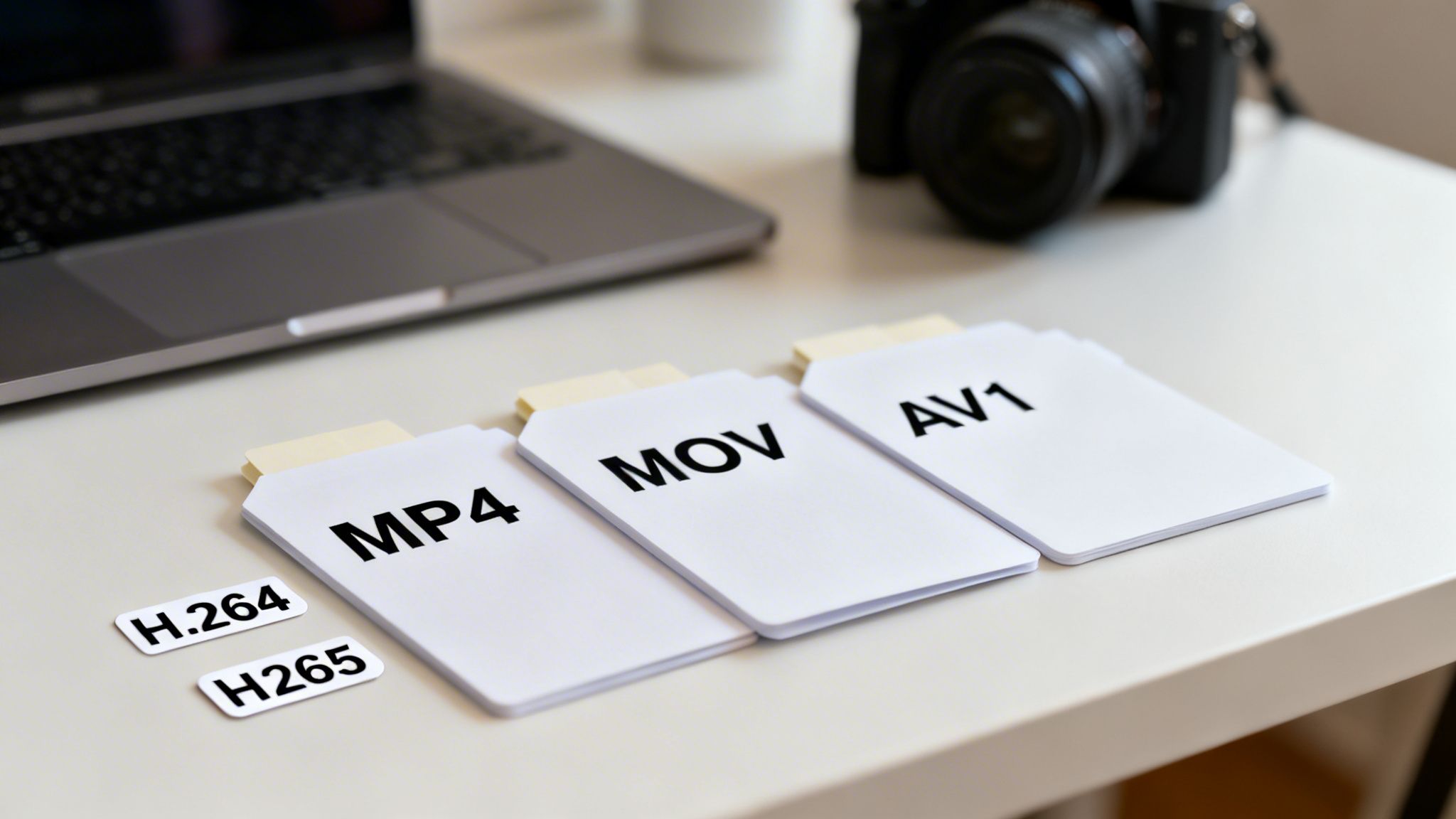 Cards displaying various video file formats like MP4, MOV, AV1 and codecs H.264, H265 on a desk.