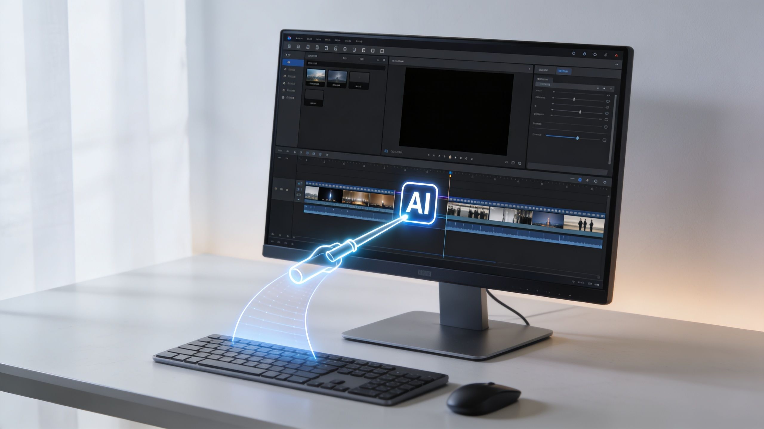 A modern computer monitor displaying video editing software with a holographic AI icon projecting from the keyboard.
