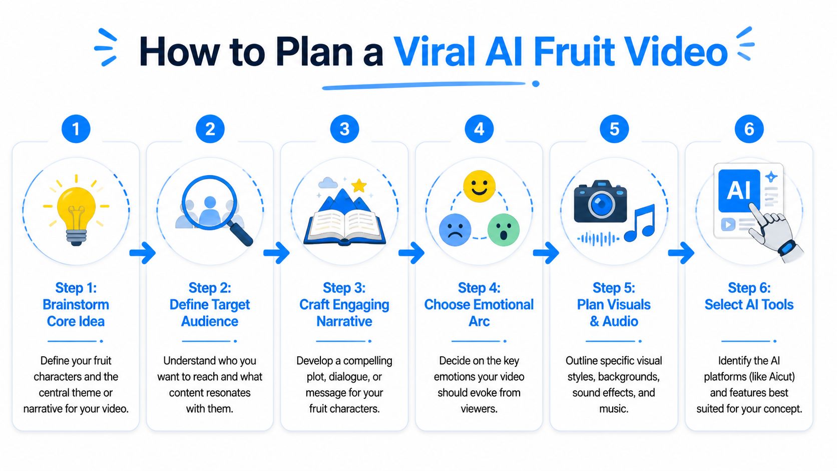 A six-step infographic guide titled How to Plan a Viral AI Fruit Video for creators.
