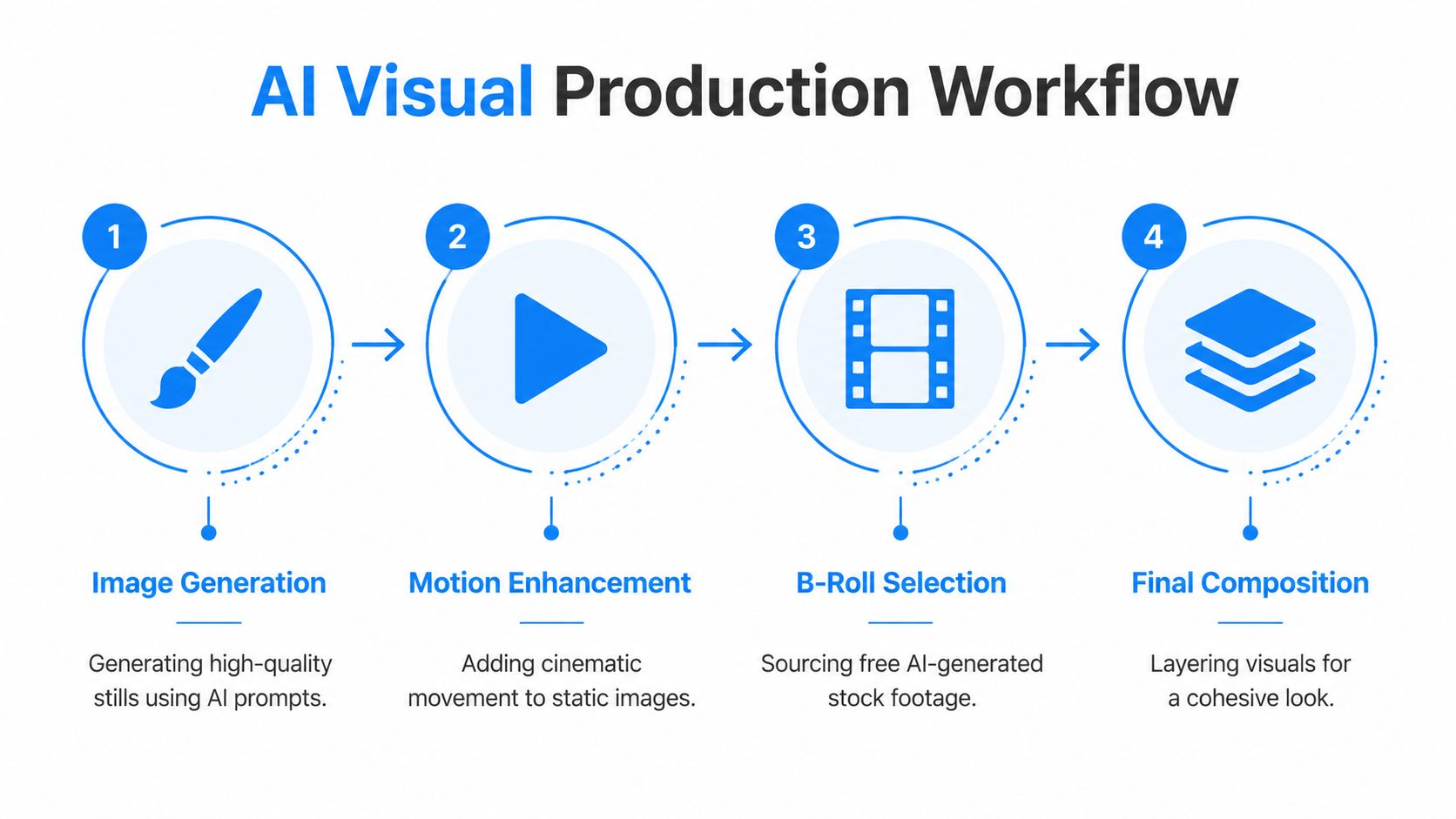 A four-step infographic illustrating the AI visual production workflow from image generation to final video composition.