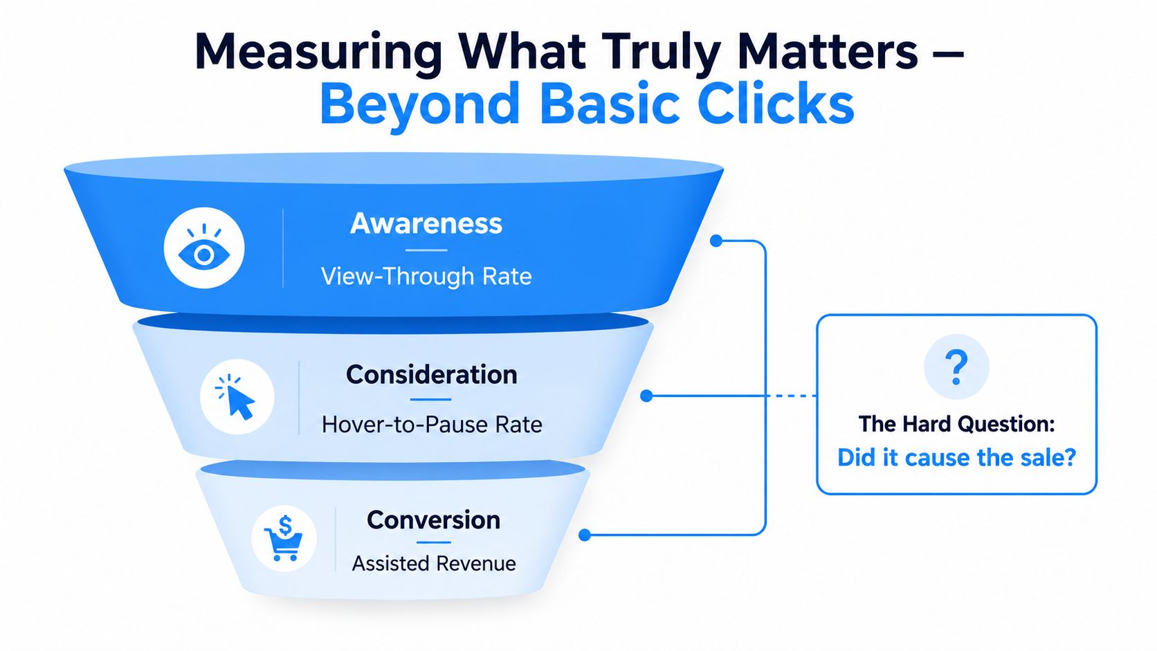 A marketing funnel diagram showing metrics for awareness, consideration, and conversion in interactive shoppable videos.