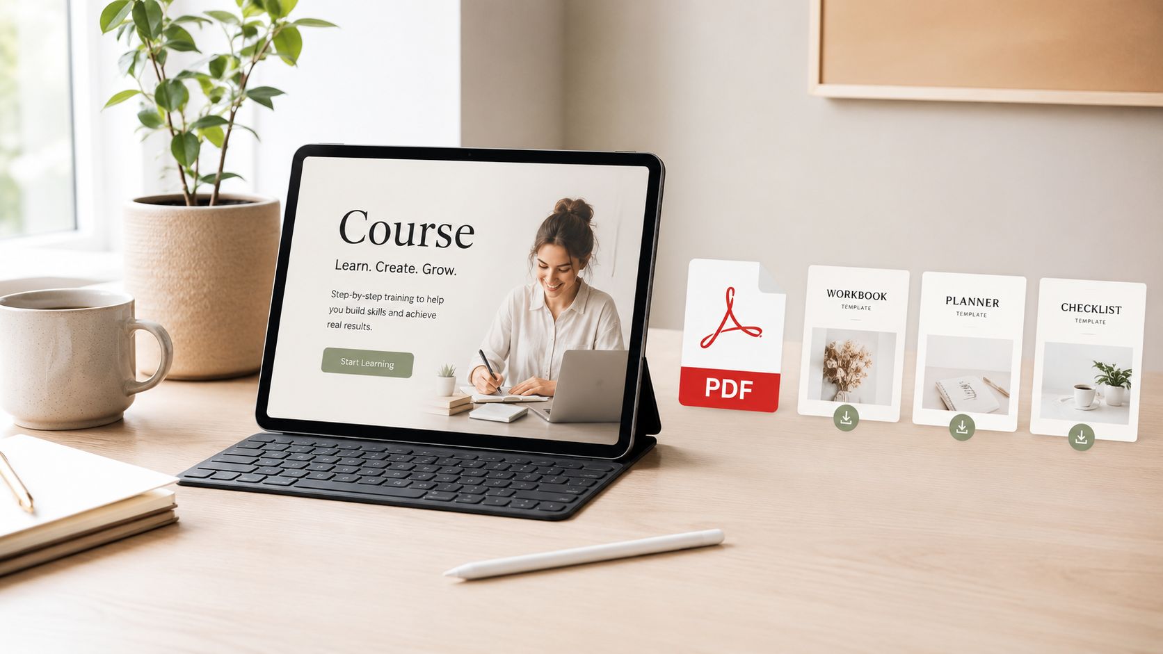 A digital course displayed on a tablet screen with workbook, planner, and checklist templates nearby.
