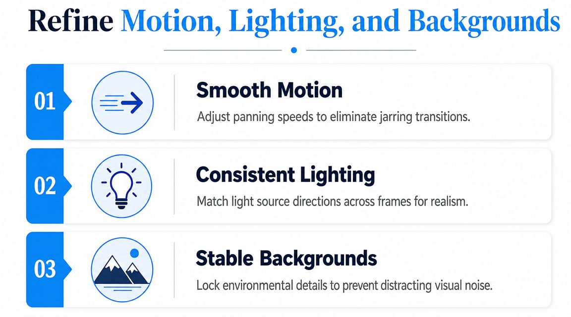 A graphic featuring three numbered points on refining motion, lighting, and backgrounds for visual projects.