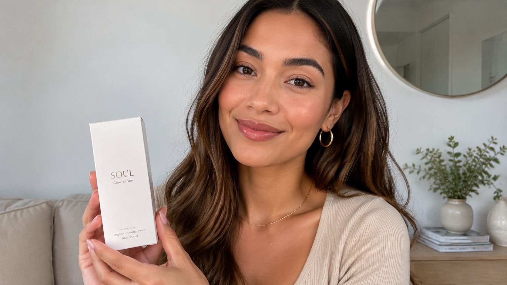A woman smiling while holding a white box of Soul Glow Serum for a beauty social media video.