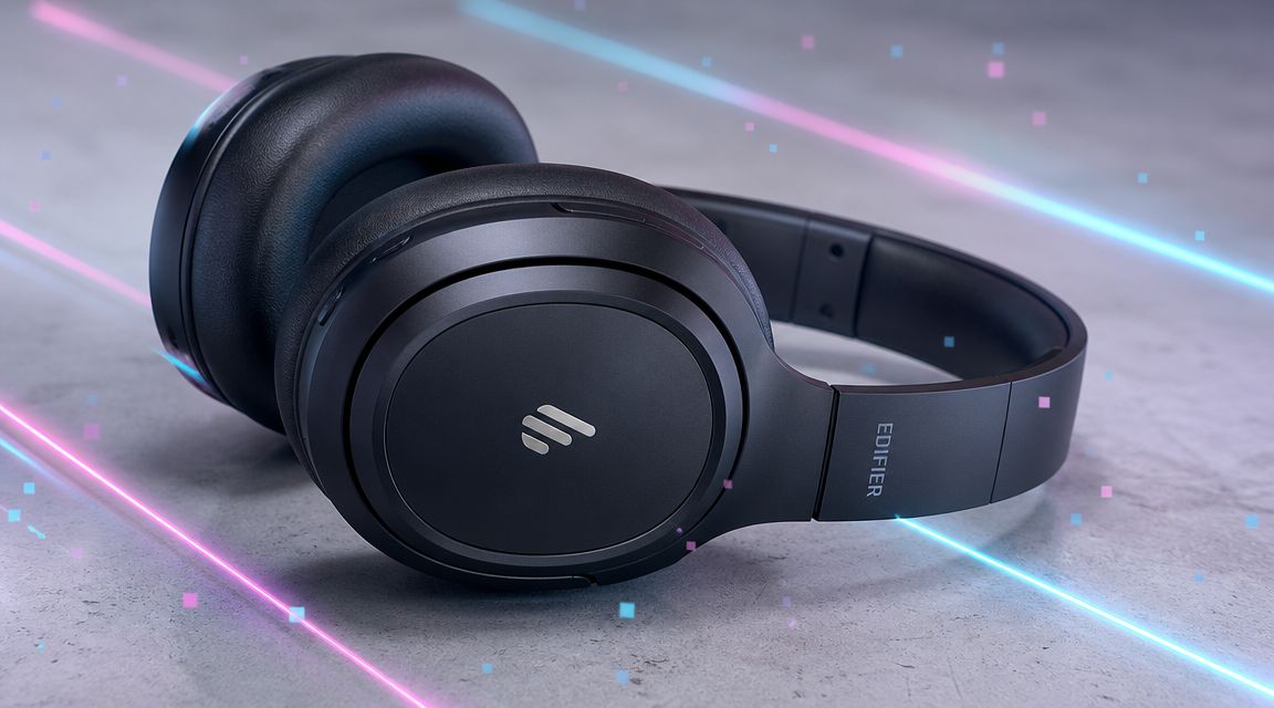 A pair of sleek black wireless Edifier headphones resting on a textured gray surface with neon light accents.