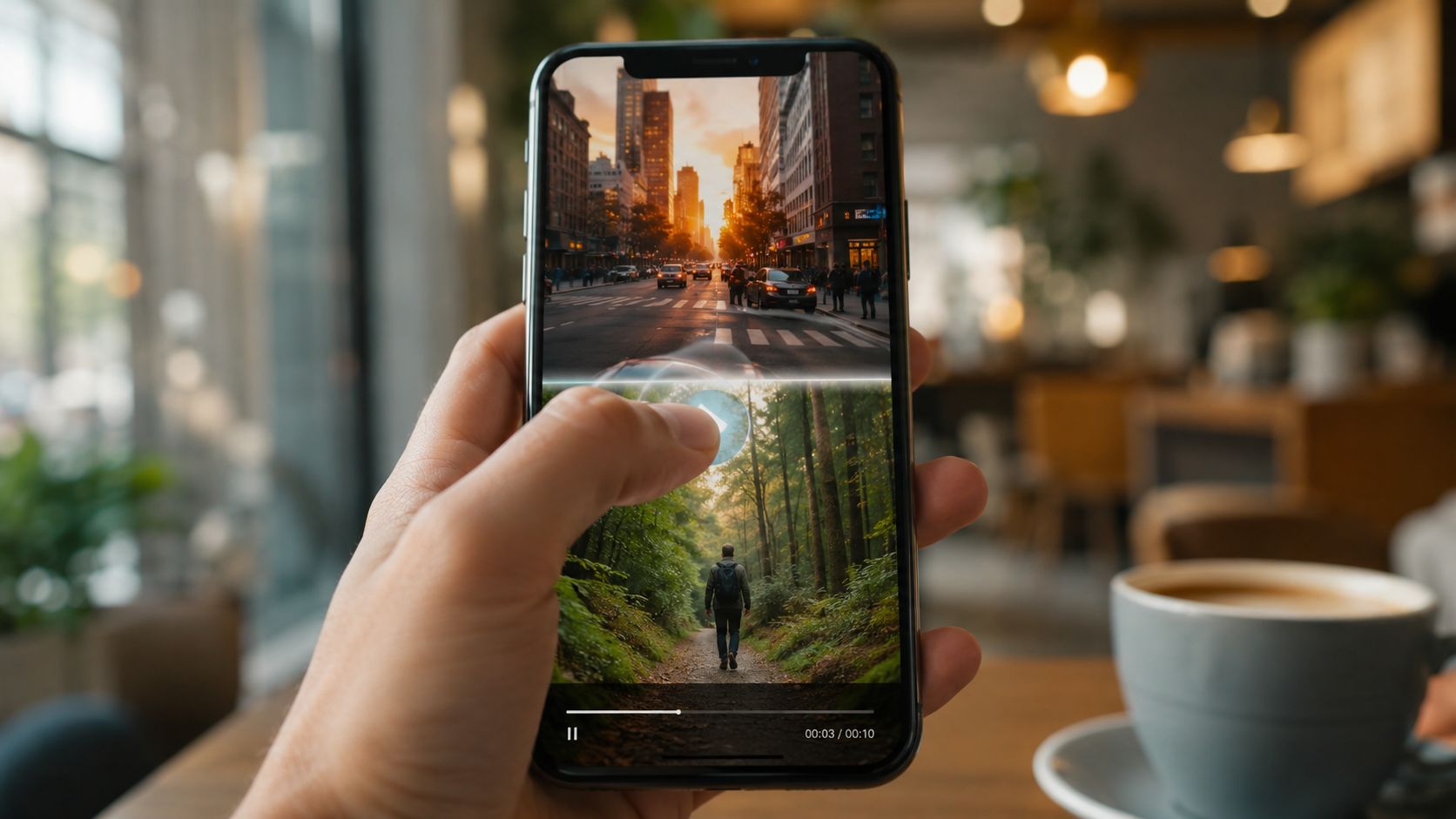 A hand holds a smartphone displaying a video with a seamless transition between city and nature scenes.