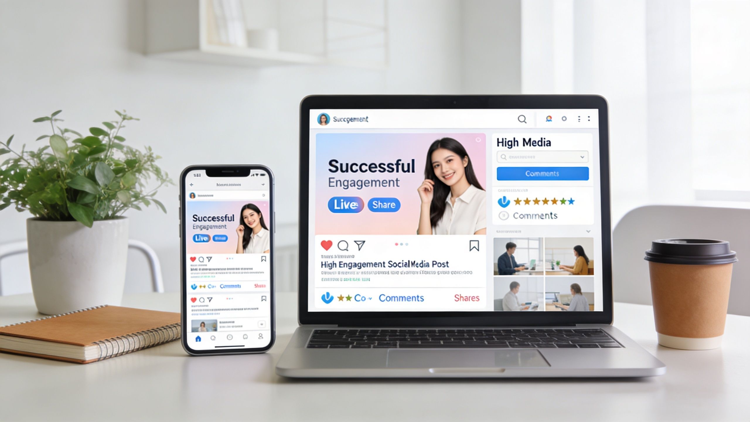 A smartphone and a laptop displaying digital marketing content featuring a professional smiling woman on social media.